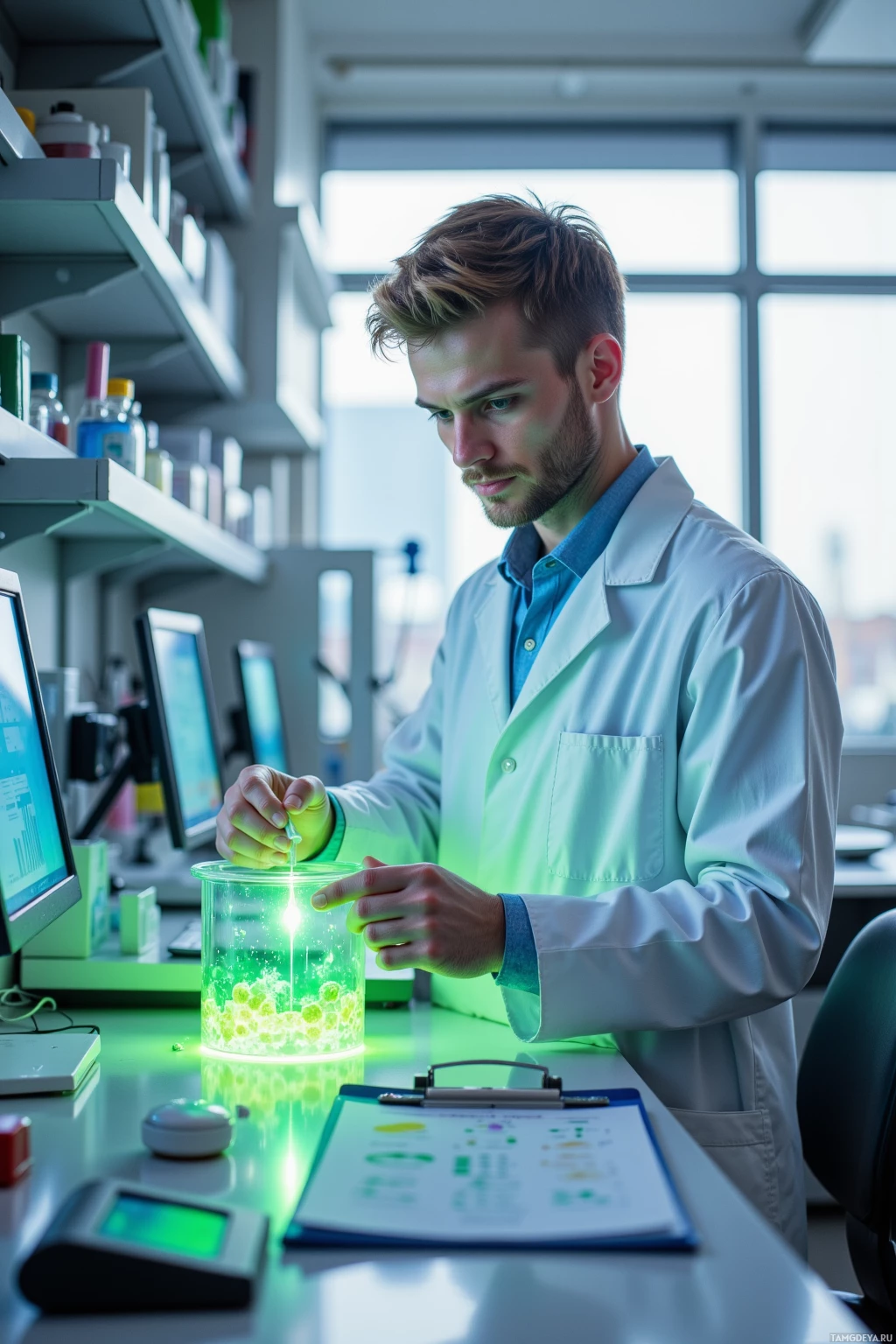 A scientist in a lab coat works with a glowing green substance in a laboratory setting.