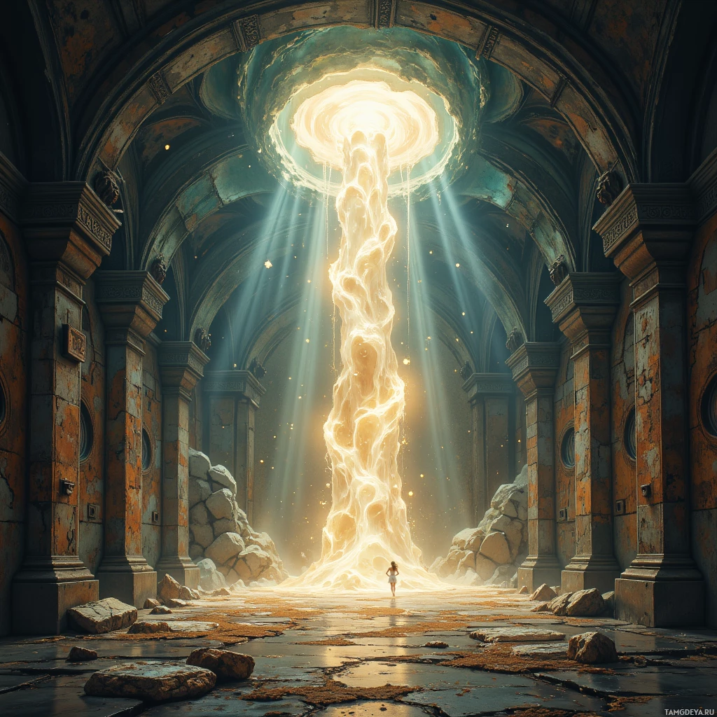 A grand, ancient hall with a glowing, ethereal light source at the end.