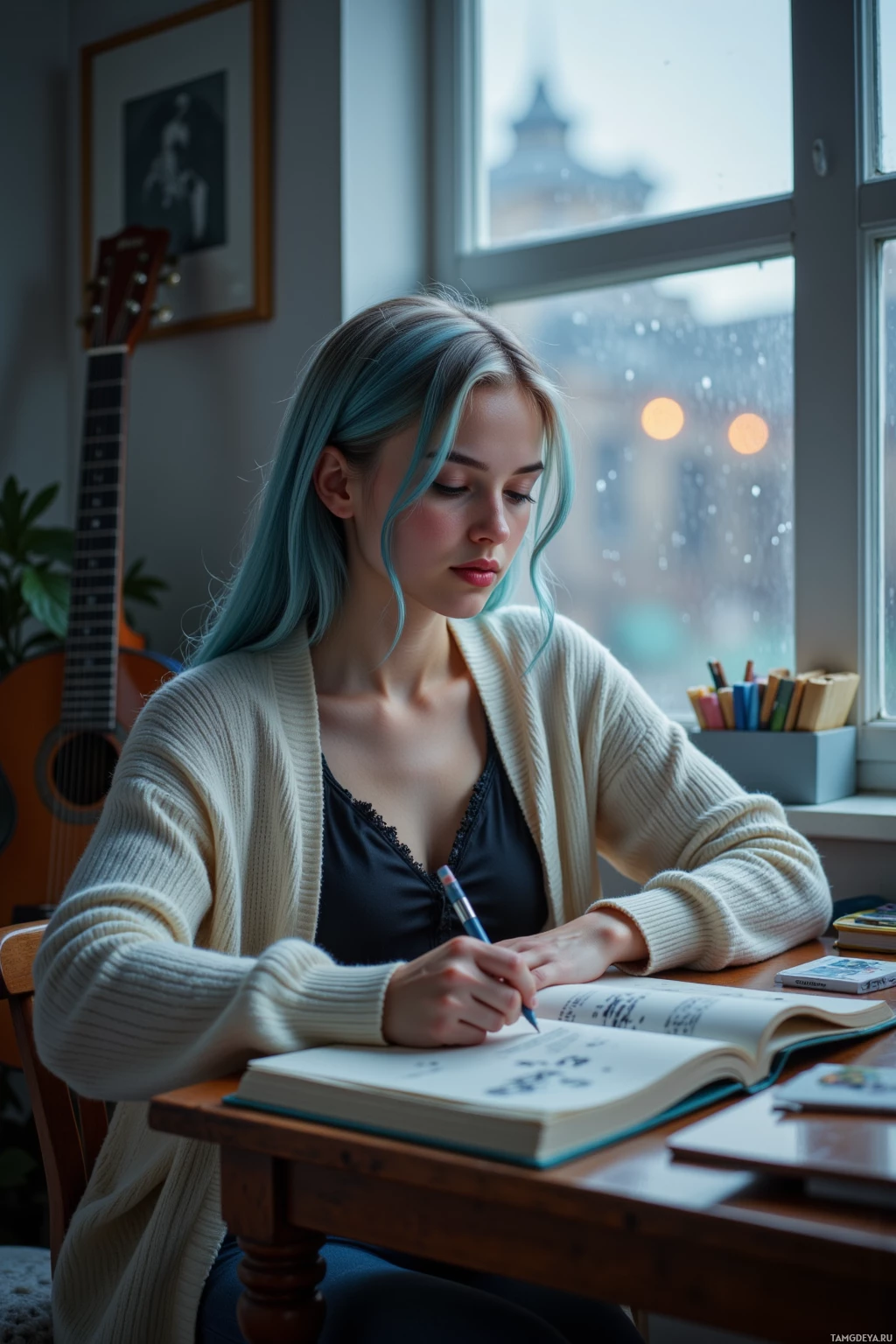 A young woman with blue hair sits at a desk, writing in a notebook with a pen.