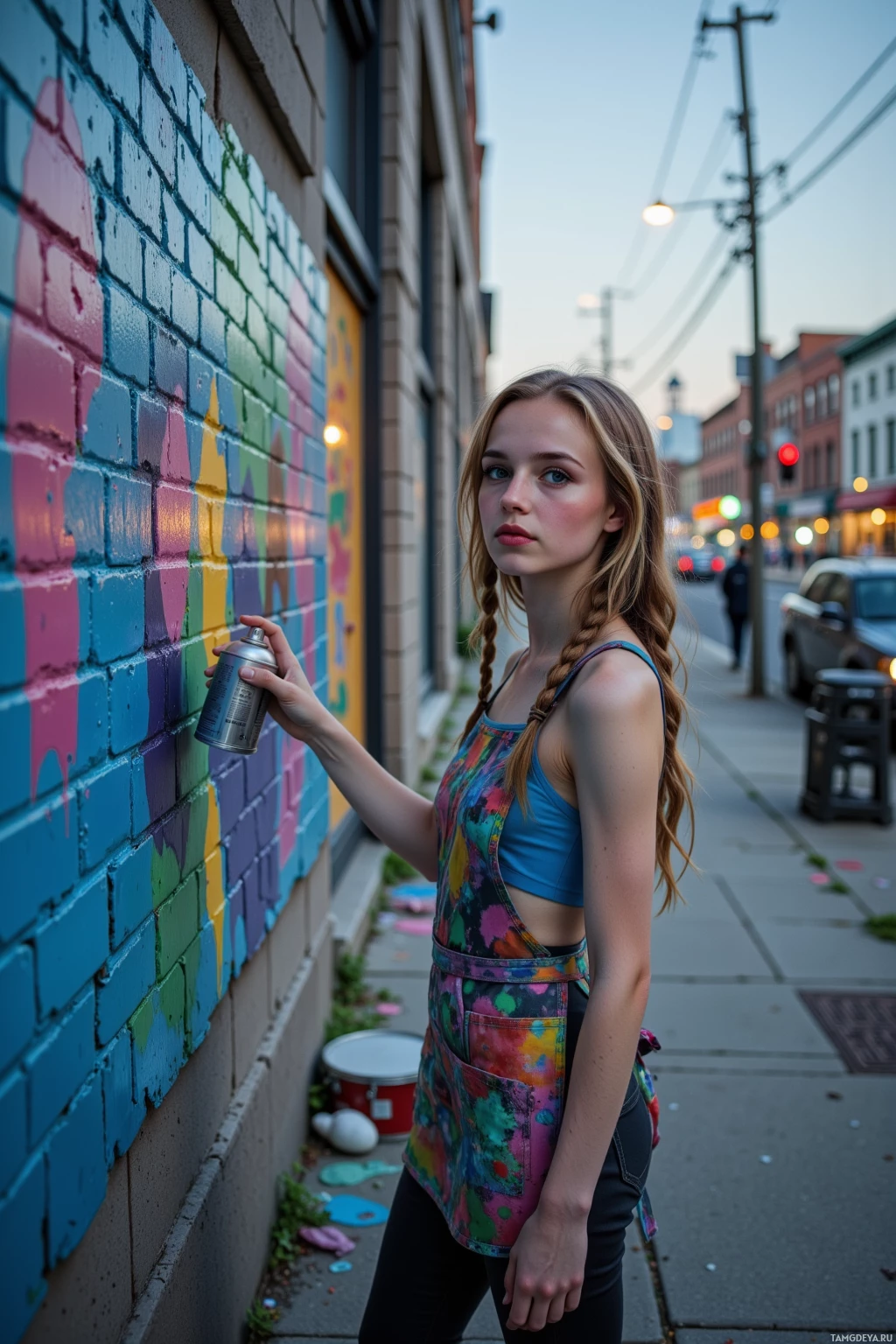 A young woman stands in an alley, holding a spray paint can near a colorful mural on a brick wall.