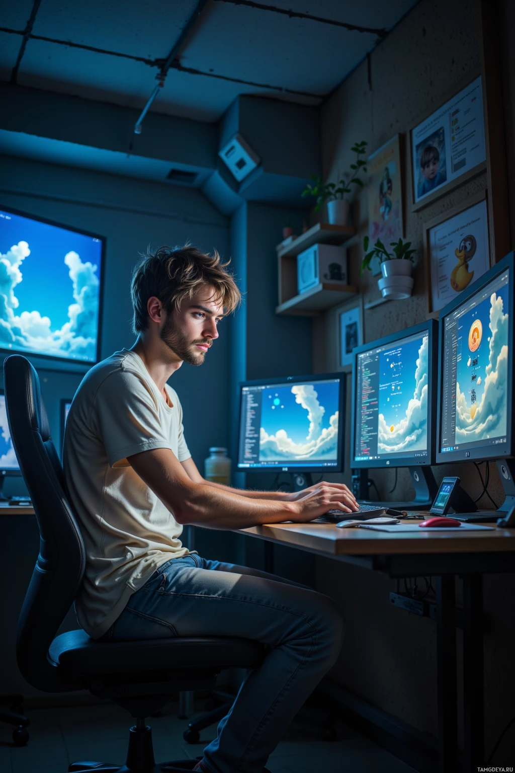 A person is working at a desk with multiple computer monitors displaying a sky-themed wallpaper.