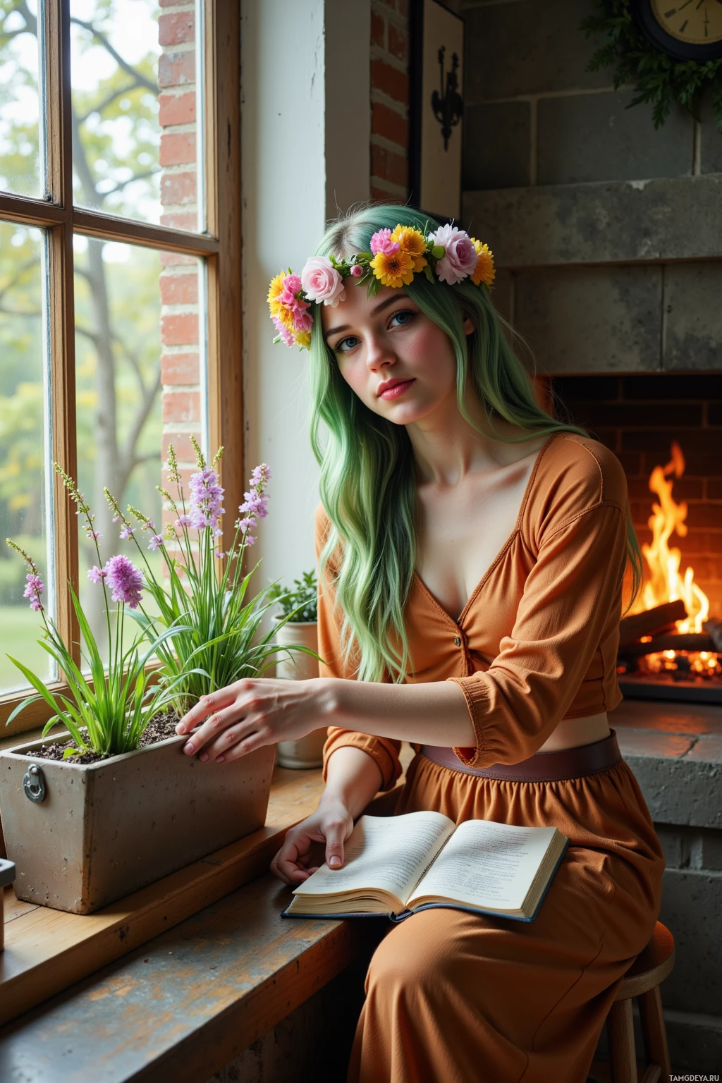 A woman with green hair and a floral crown sits by a window, reading a book.
