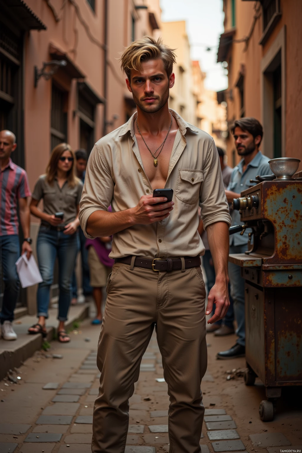A man in a beige shirt and khaki pants stands in a narrow street, holding a phone.