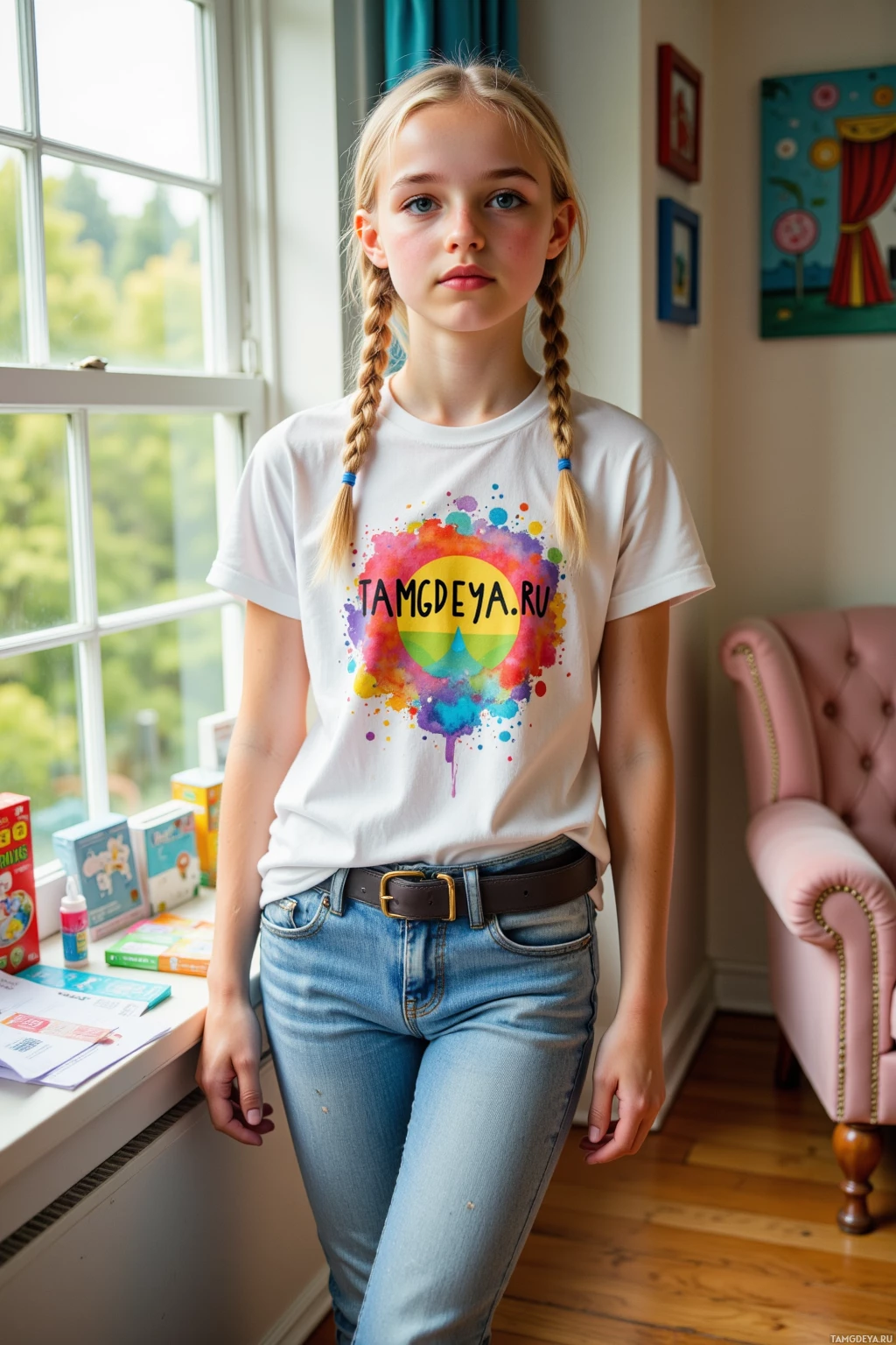 A young girl stands indoors wearing a white t-shirt with a colorful design and blue jeans.
