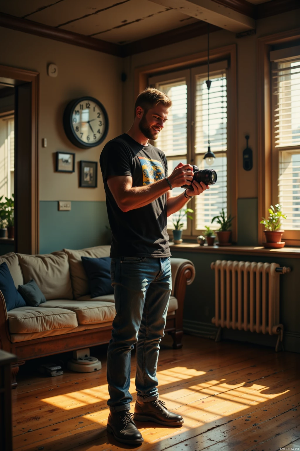 A man stands in a sunlit room holding a camera, smiling.