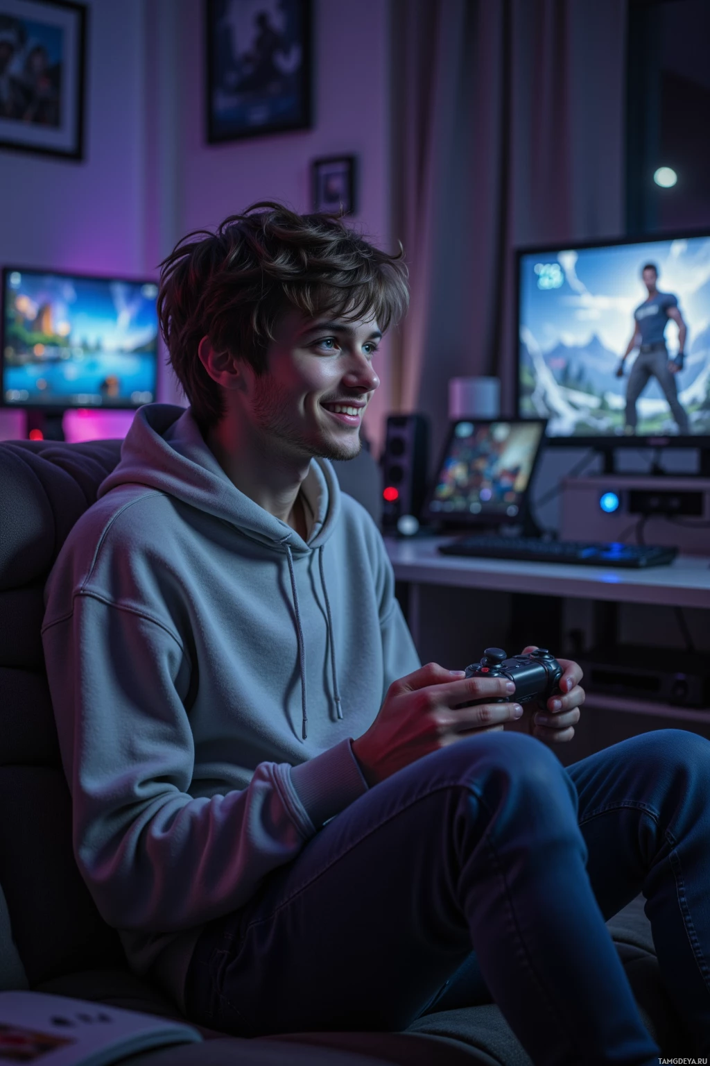 A person is sitting on a couch, holding a game controller, and smiling while playing a video game.
