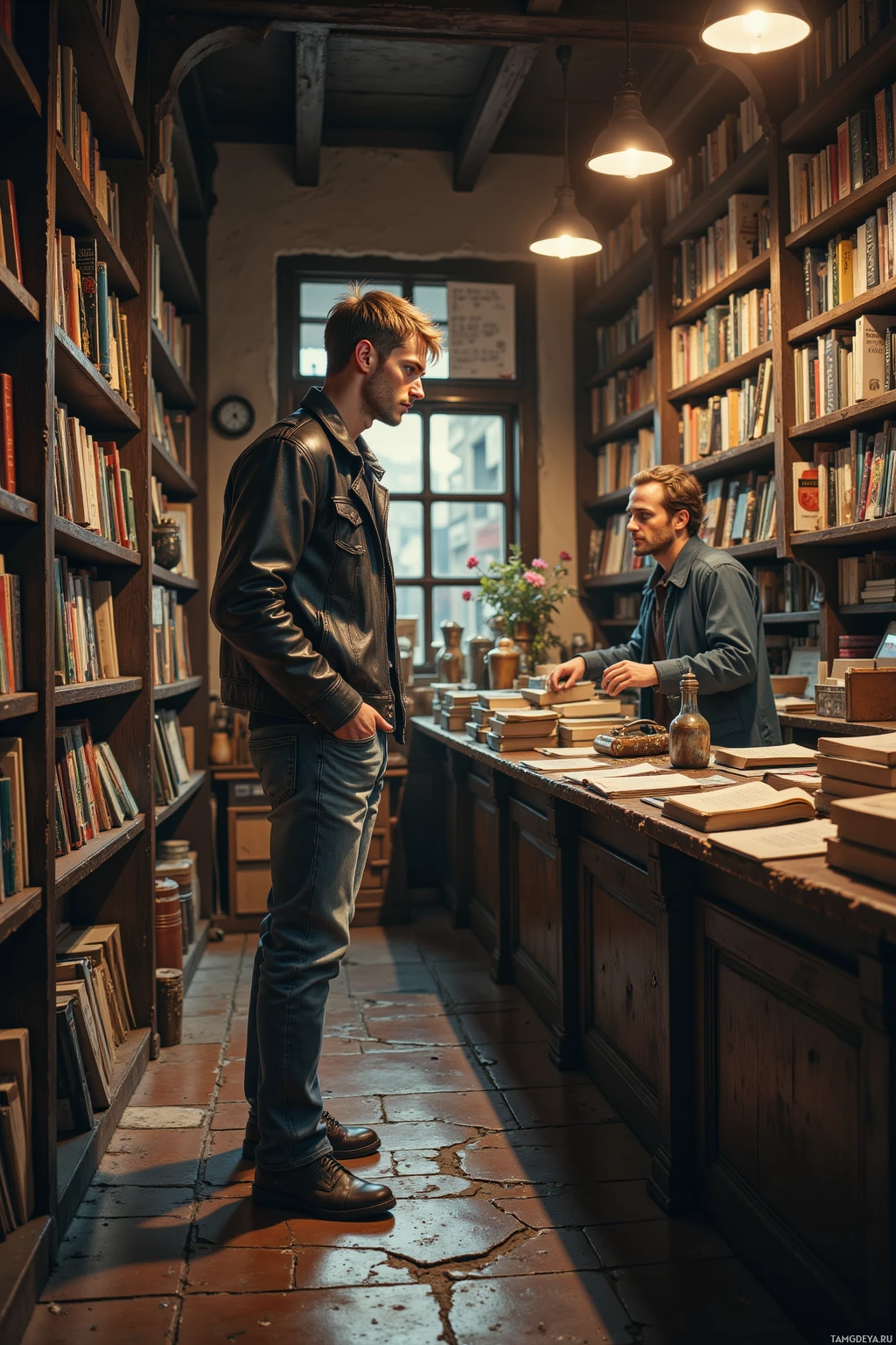 Two individuals are in a dimly lit, book-filled room, one standing and the other seated at a desk.
