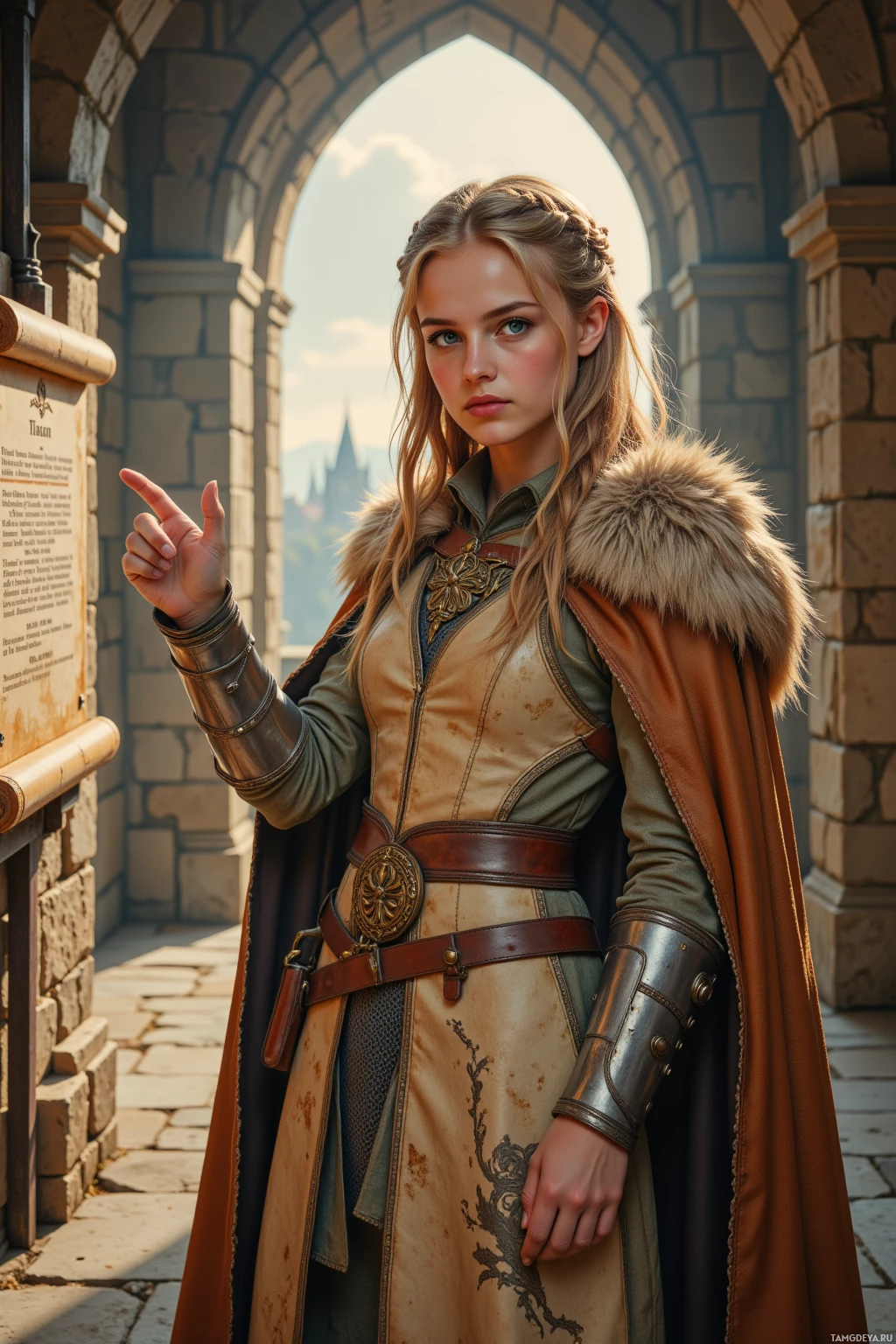 A person in medieval-style armor and cloak stands in front of a stone archway.