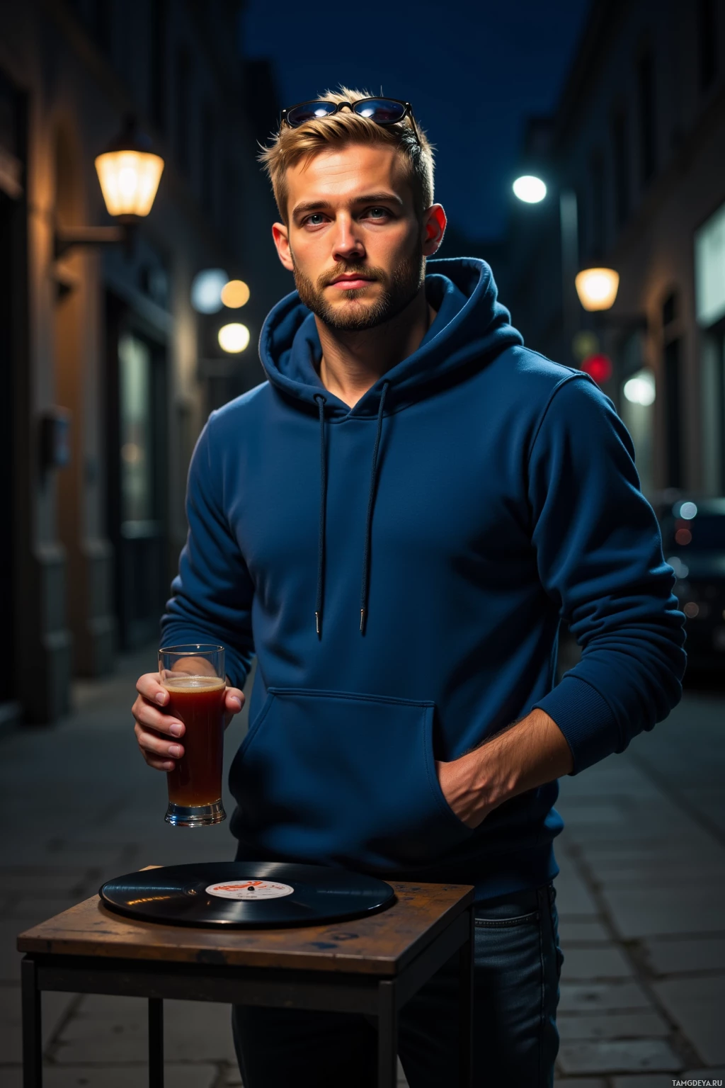 A man in a blue hoodie stands on a street at night, holding a glass of beer.