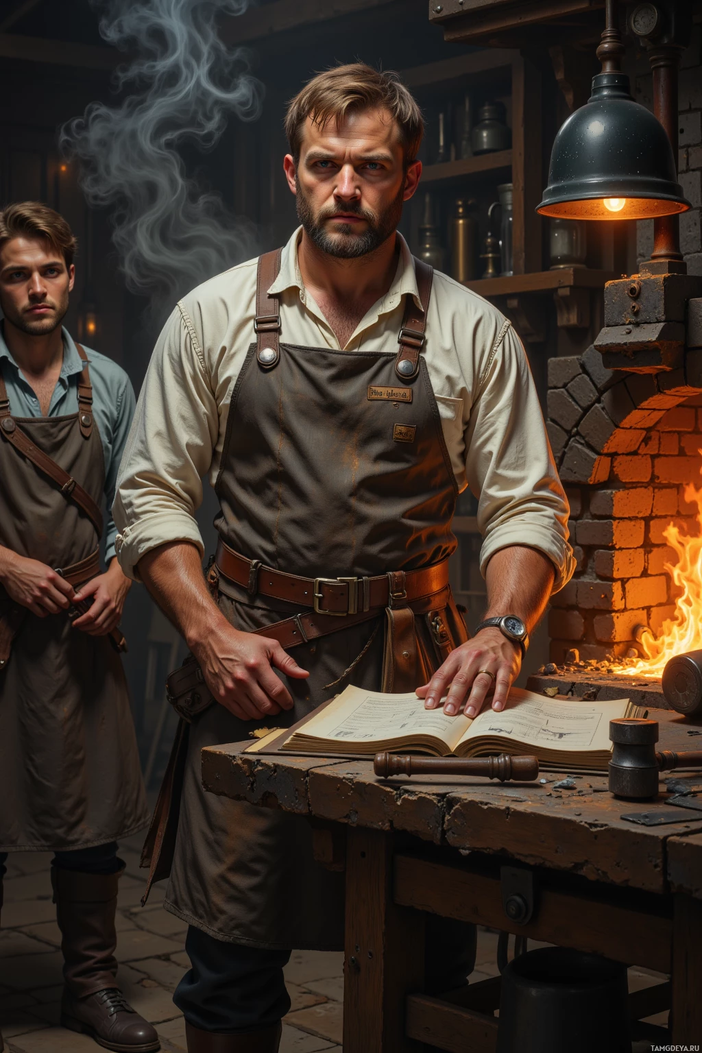 Two men in a workshop, one wearing an apron and holding a book, with a forge and tools in the background.