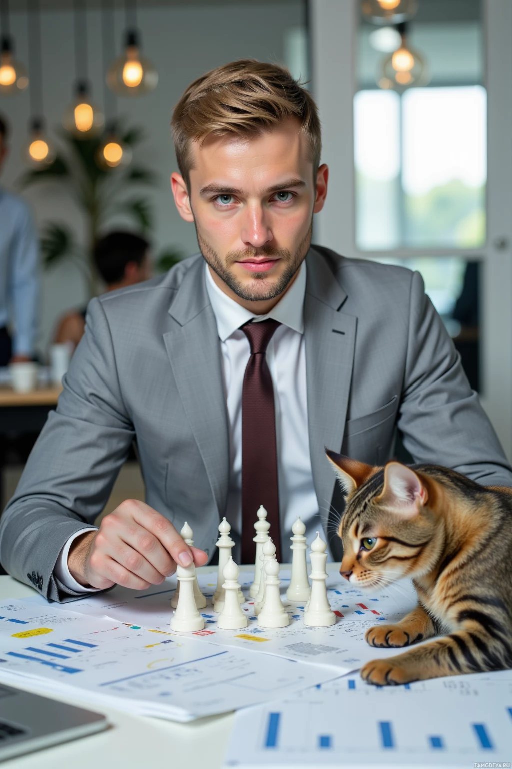 A man in a suit plays chess with a cat at a desk.