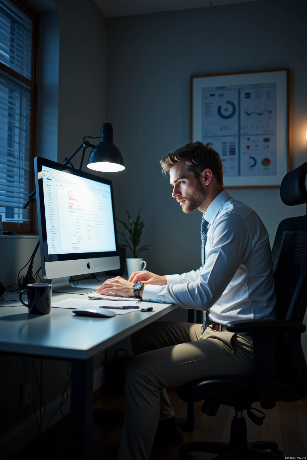 A man in a white shirt and tie works at a desk with a computer in a dimly lit office.