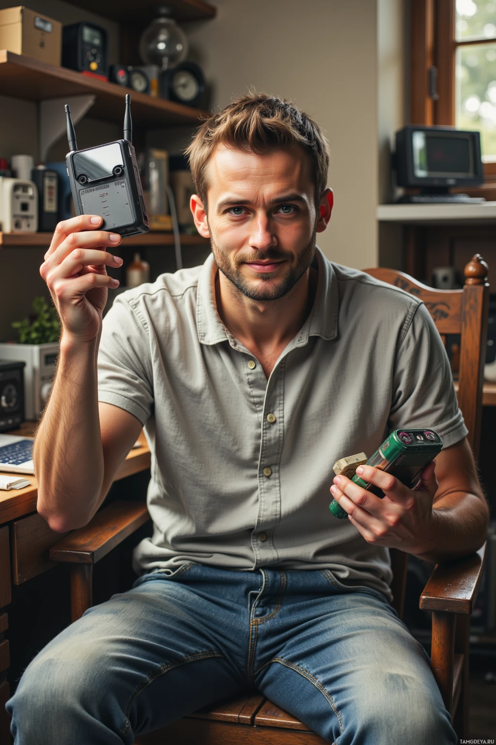 A man sits in a chair holding a small device in his hand.