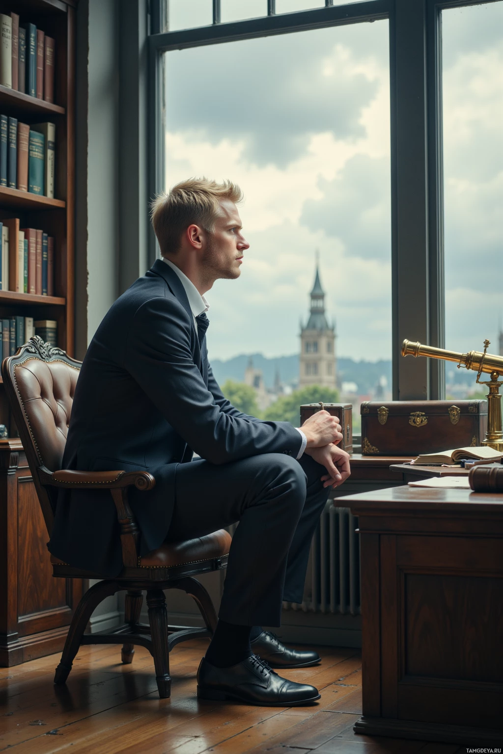 A man in a suit sits at a desk, gazing out a window with a view of a cityscape.