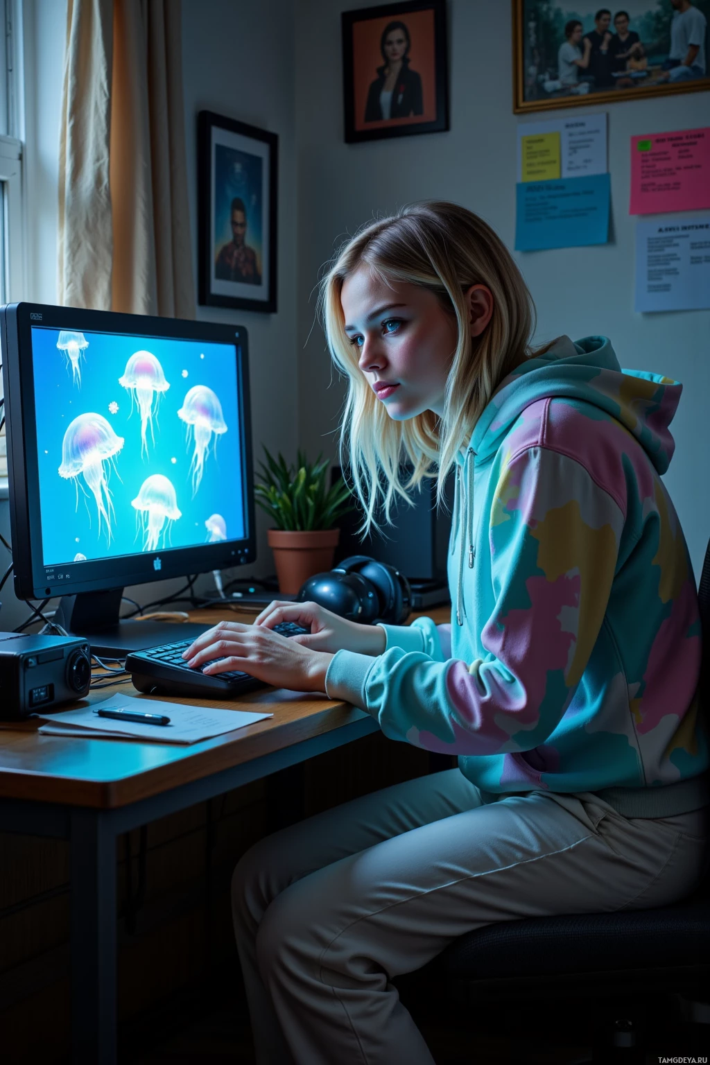 A person in a colorful hoodie works at a desk with a computer displaying jellyfish.