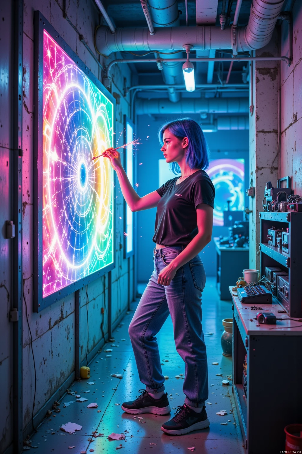 A person stands in a dimly lit room, holding a glowing object near a large, colorful, illuminated circular display.