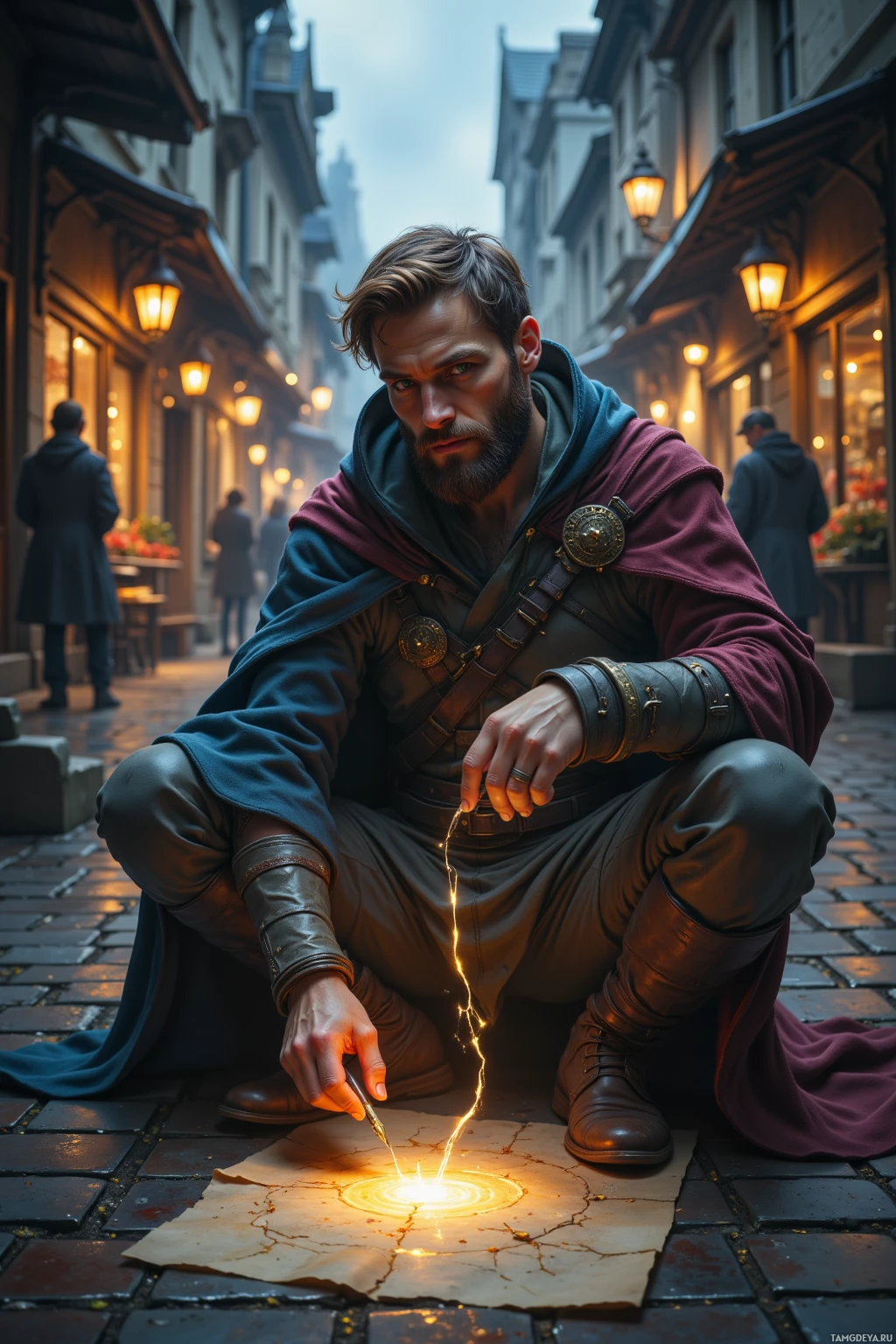A man in medieval attire kneels on a cobblestone street, creating a glowing circle on a piece of parchment.
