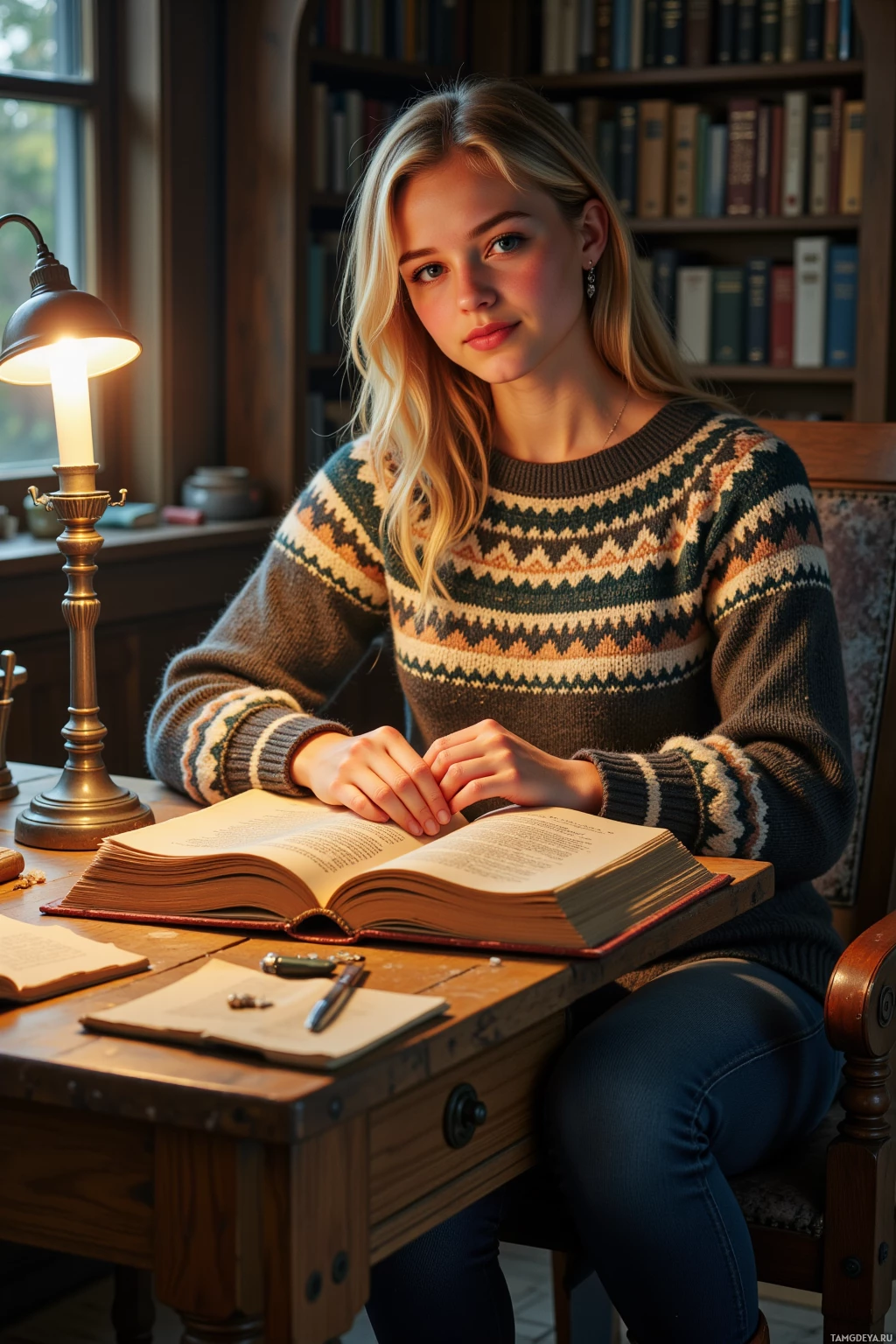 A person sits at a desk with an open book, wearing a patterned sweater and jeans, in a warmly lit room with bookshelves.