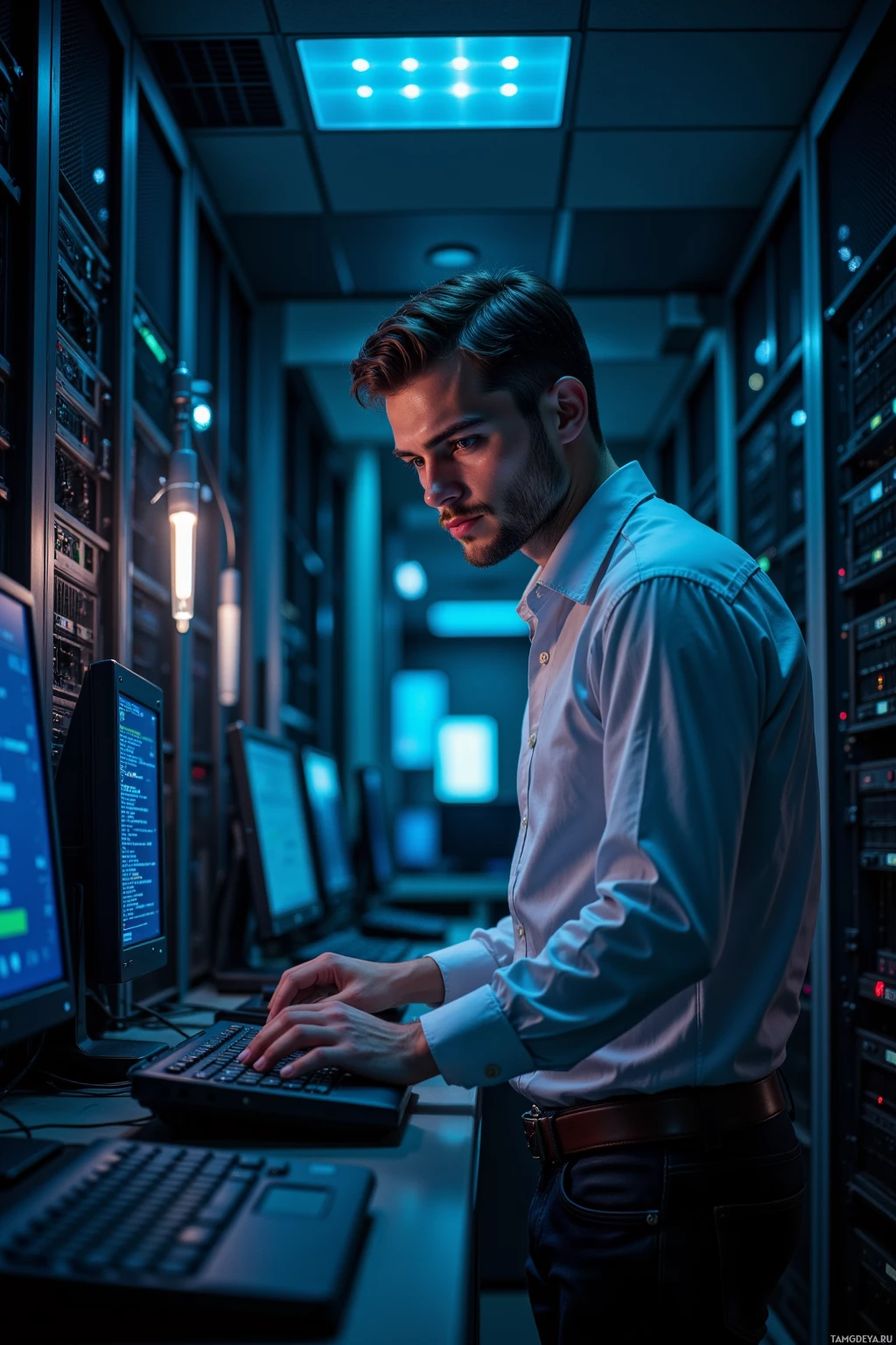 A man in a server room works on a computer.