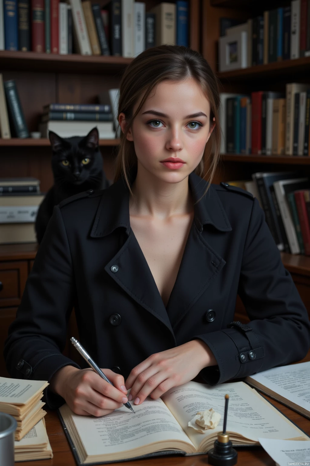 A person in a black jacket is sitting at a desk with books and a cat in the background.
