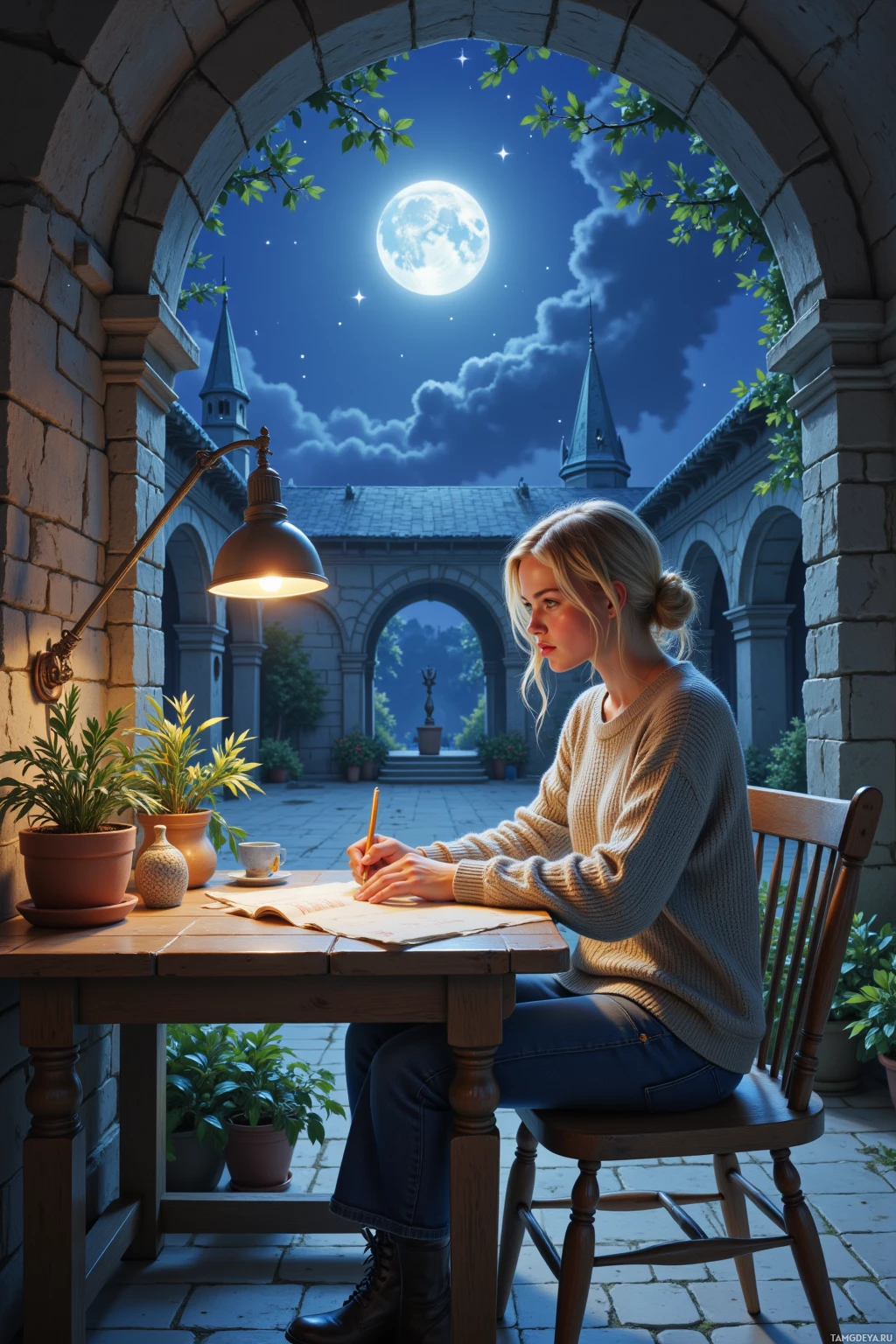 A woman sits at a table under a night sky, writing in a notebook.