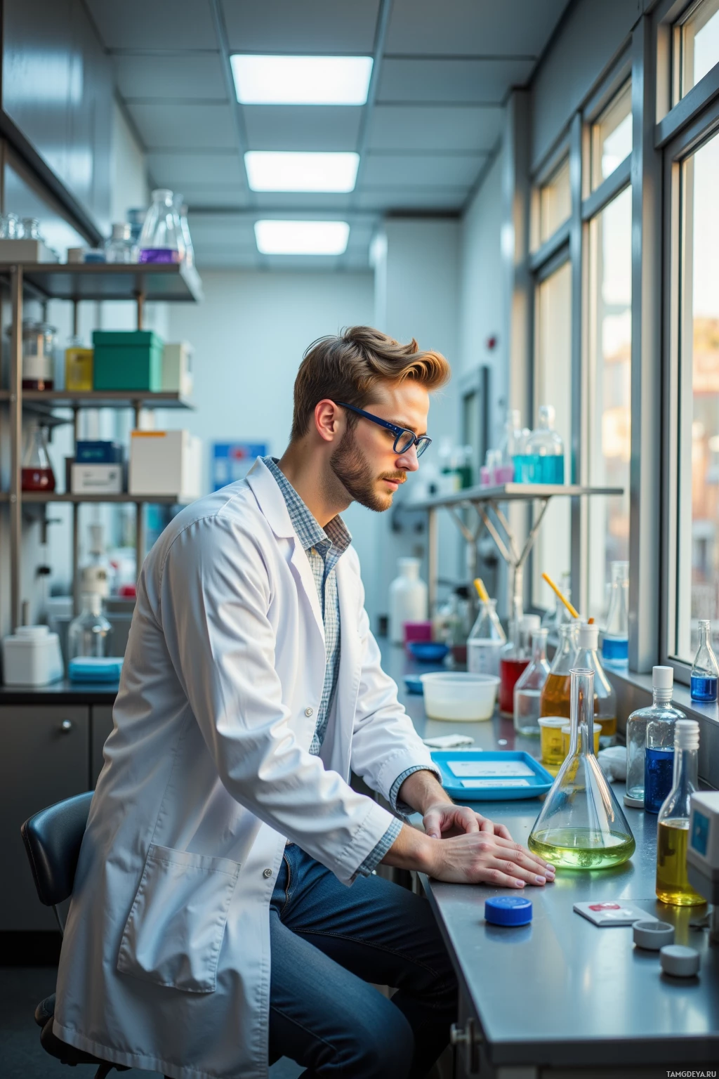 A scientist in a lab coat is seated at a desk, looking out a window.