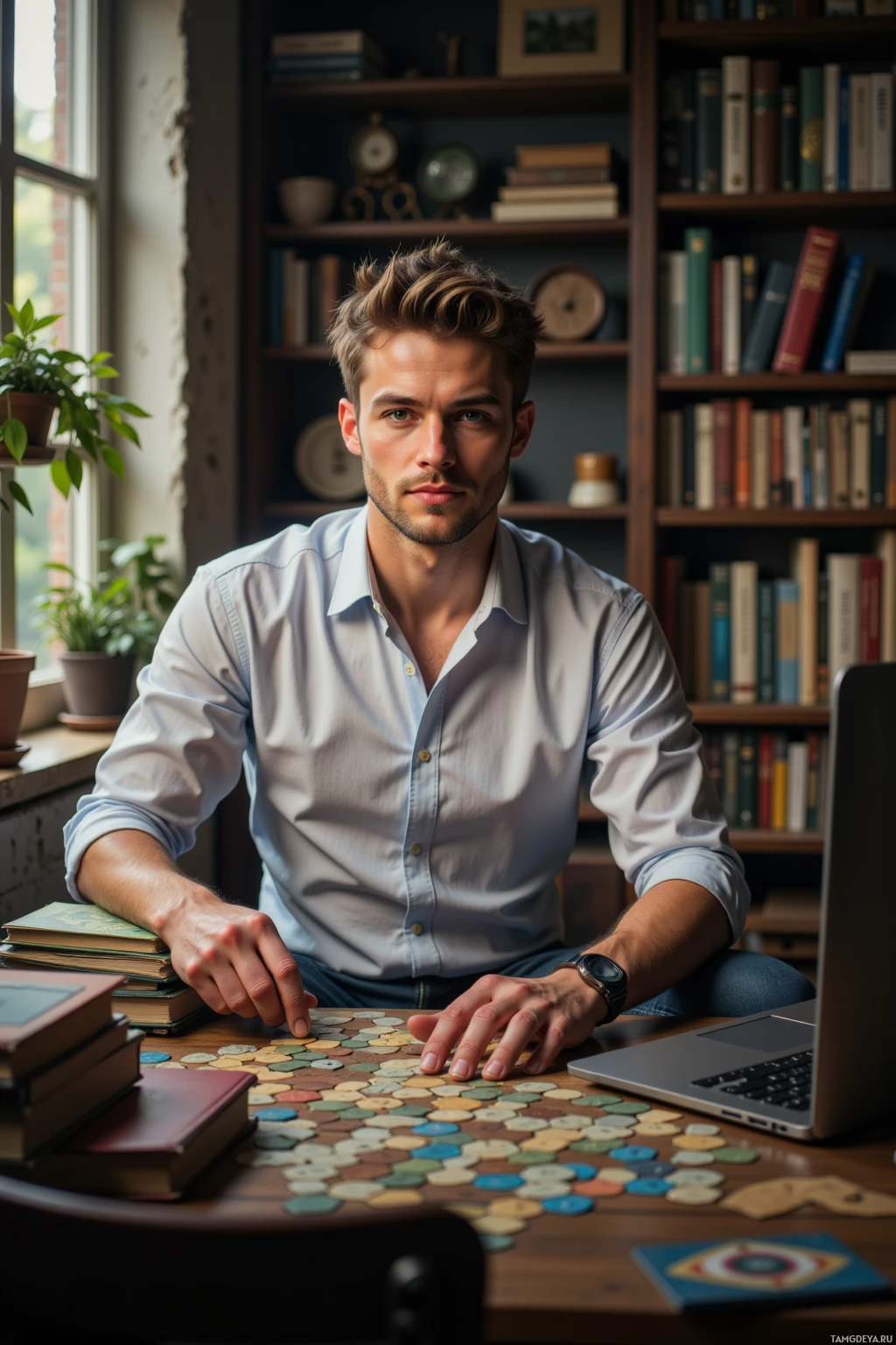 A man sits at a desk in a study, surrounded by books and a laptop.