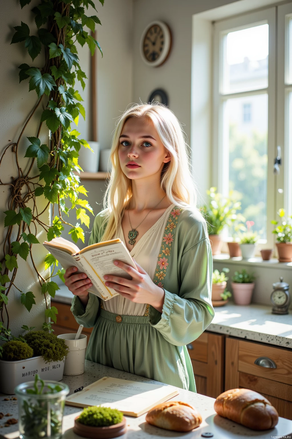 A young woman in a green dress reads a book in a sunlit kitchen.