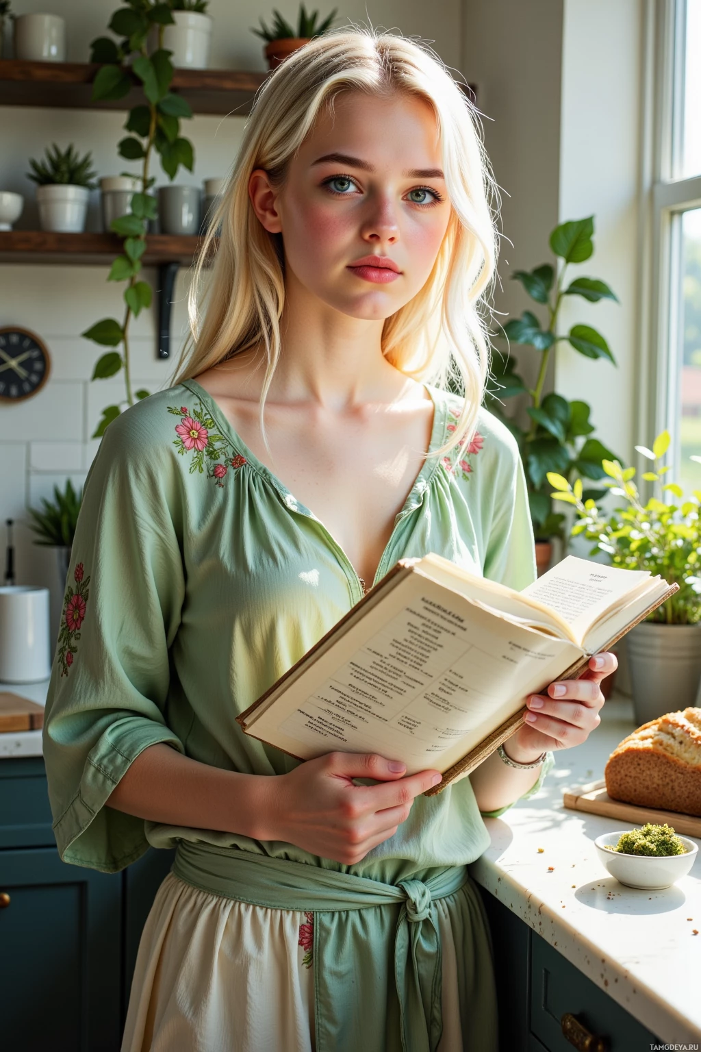 A woman in a green dress holds an open book in a kitchen setting.