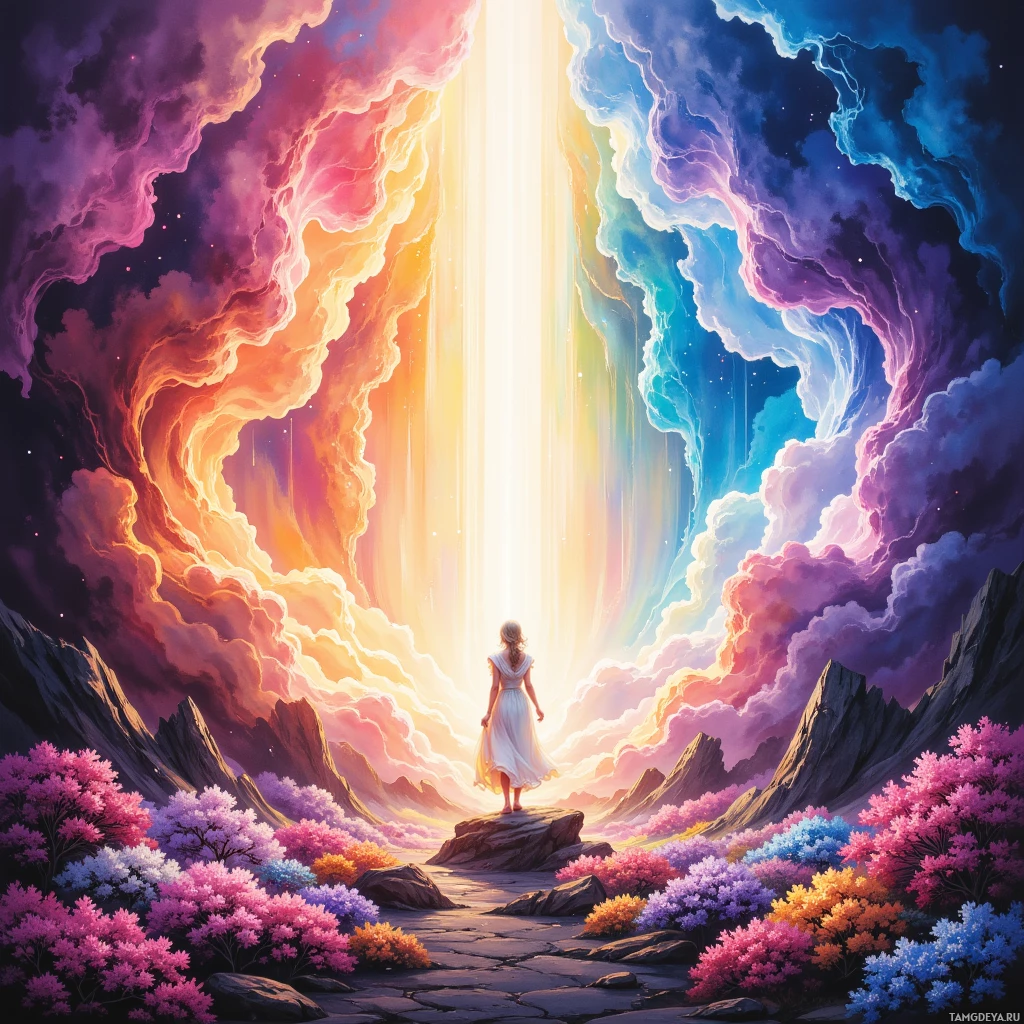 A person in a white dress stands on a rocky path surrounded by vibrant, colorful flowers and a radiant, ethereal sky.