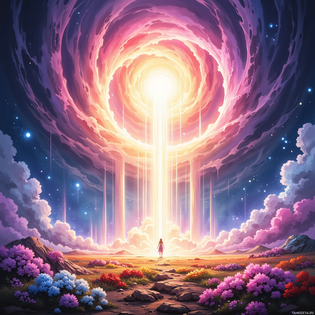 A vibrant landscape with a person standing under a glowing, cosmic portal.
