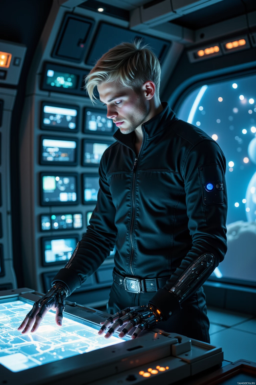 A person in a futuristic setting interacts with a high-tech interface.