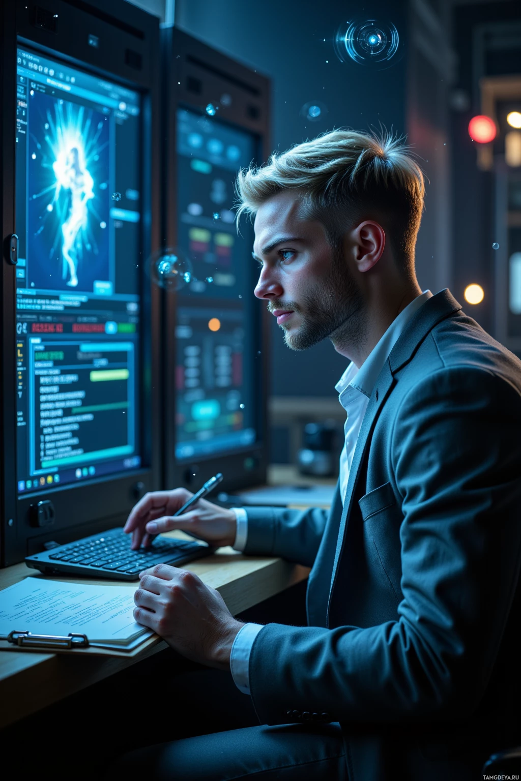A man in a suit is working at a desk with multiple monitors displaying technical data.