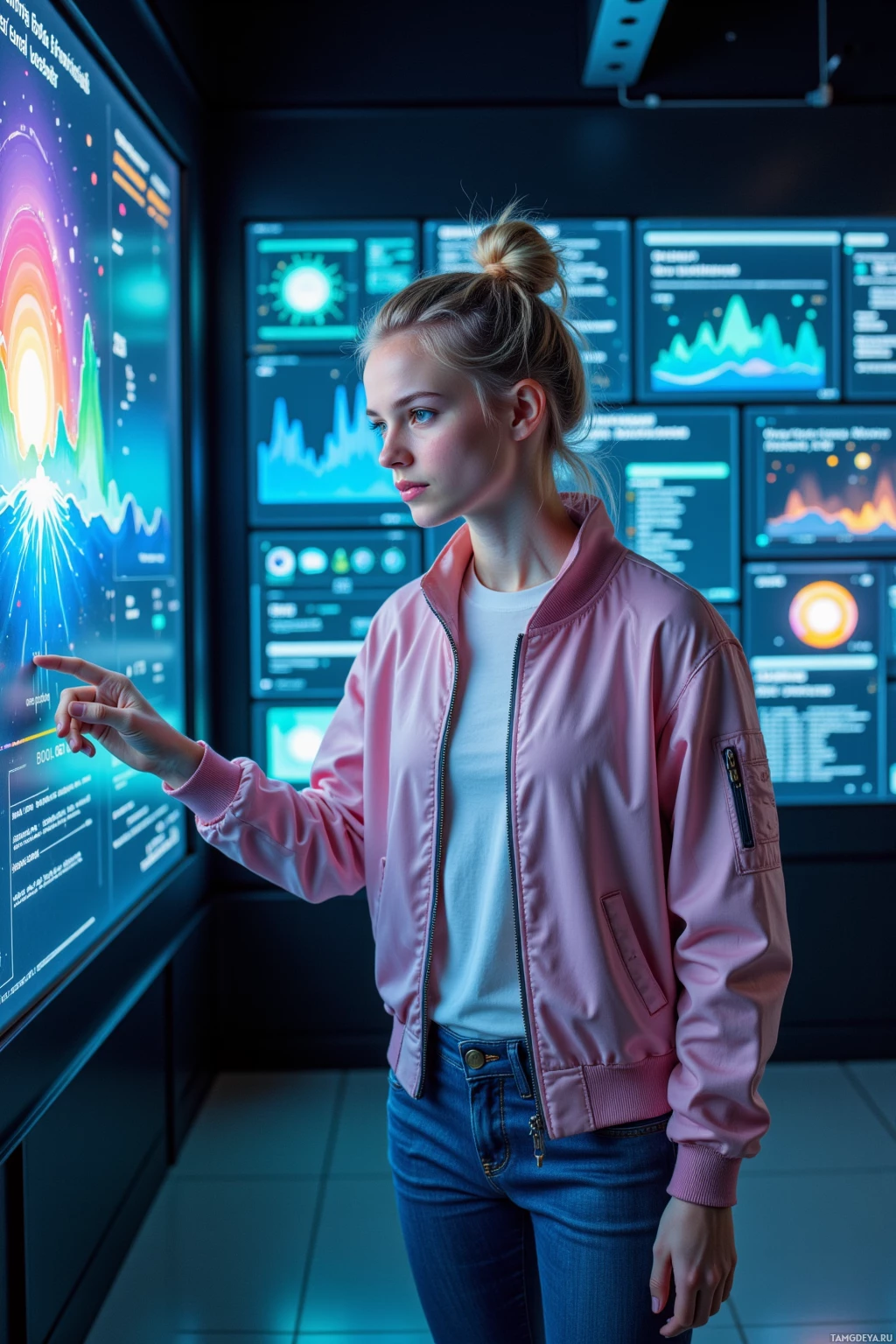 A person in a pink jacket interacts with a large digital display in a modern, tech-focused environment.
