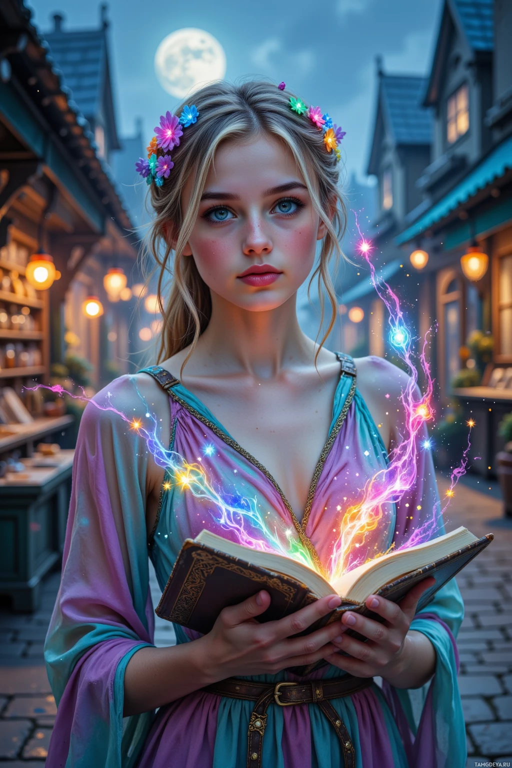 A young woman in a colorful dress holds an open book with glowing magical energy emanating from it.