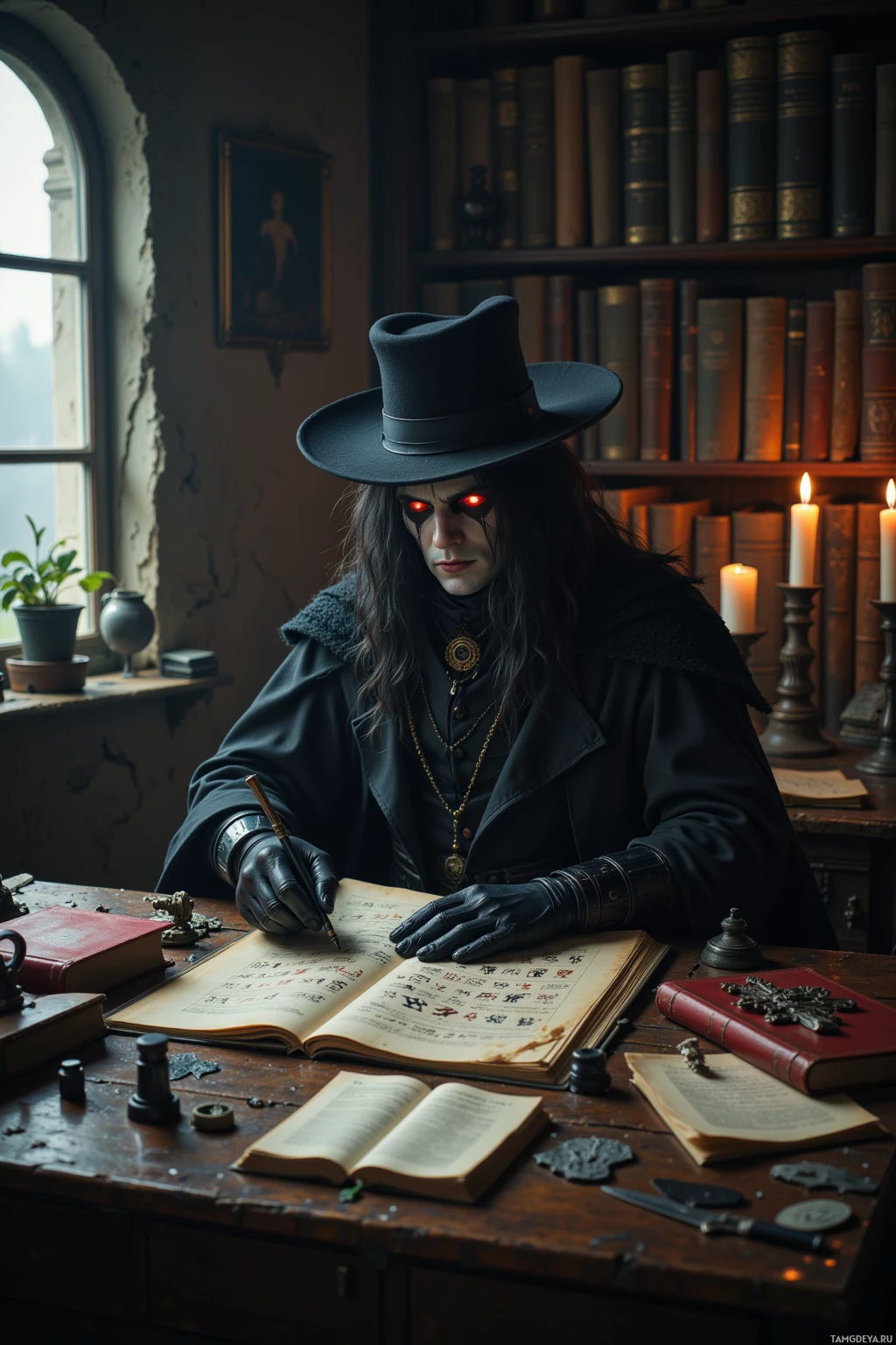 A person in a dark outfit and hat sits at a desk, writing in a book surrounded by candles and books.