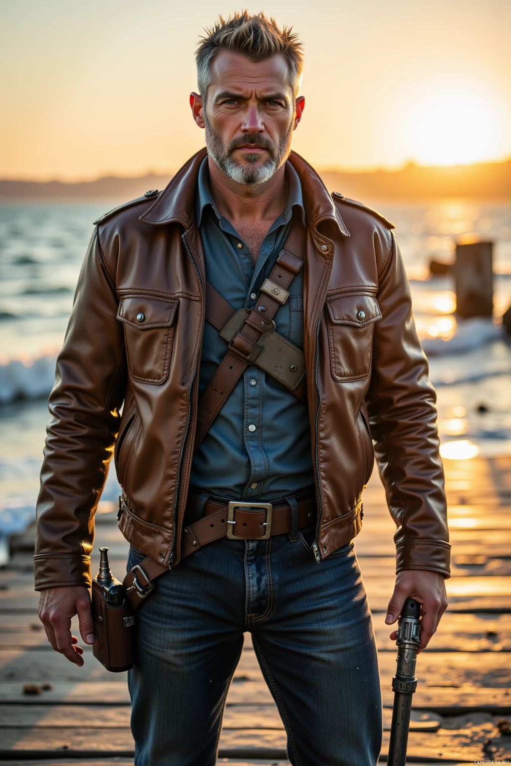 A man in a leather jacket and jeans stands on a dock at sunset.