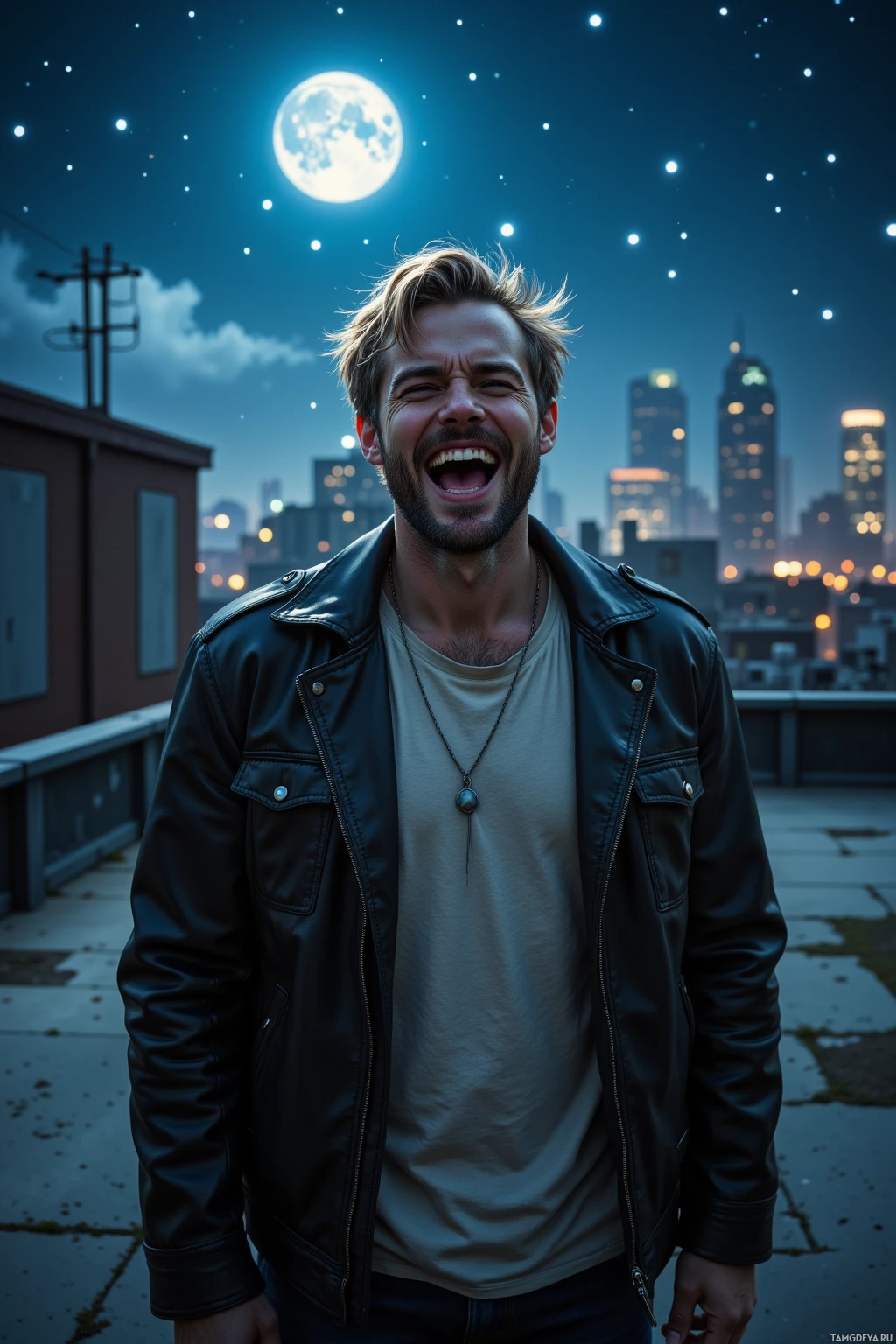 A man in a leather jacket stands on a rooftop at night, smiling with a cityscape and moon in the background.