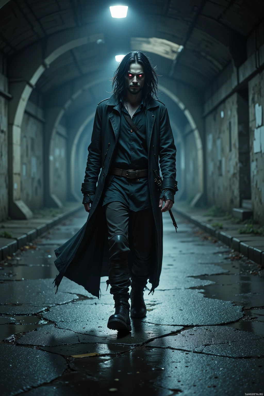 A man in a dark trench coat walks down a dimly lit, narrow alleyway.