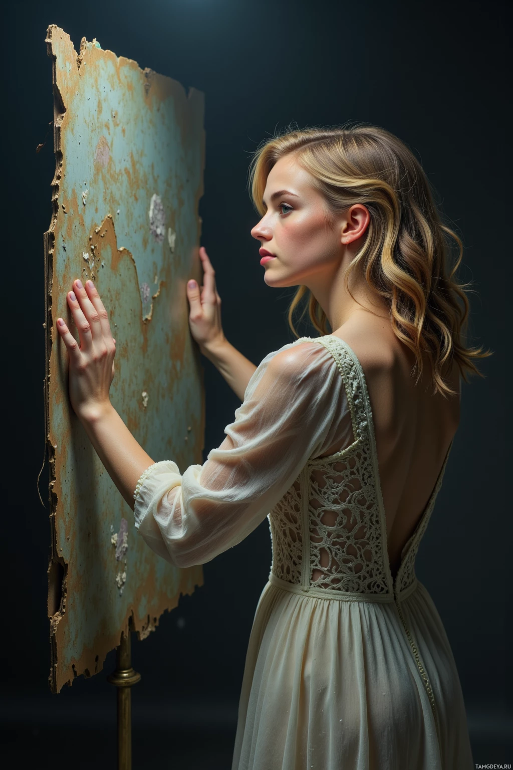 A woman in a delicate dress stands beside a weathered, rusted metal panel.