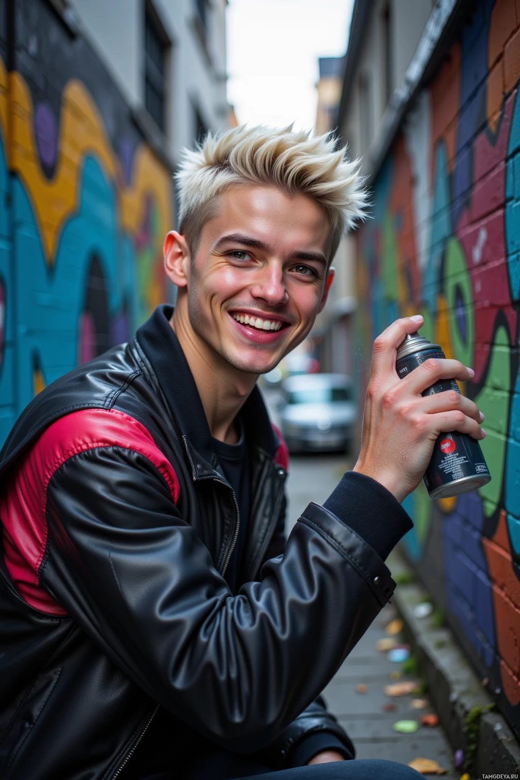 A person in a leather jacket holds a spray can, smiling in front of a colorful graffiti wall.