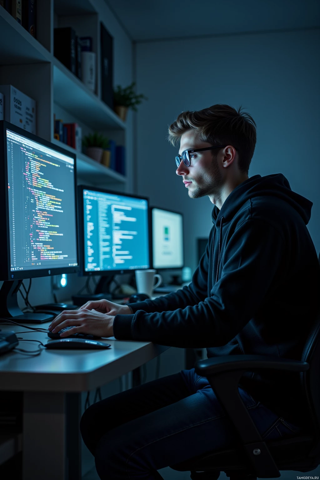 A person wearing glasses works at a desk with multiple computer monitors displaying code.