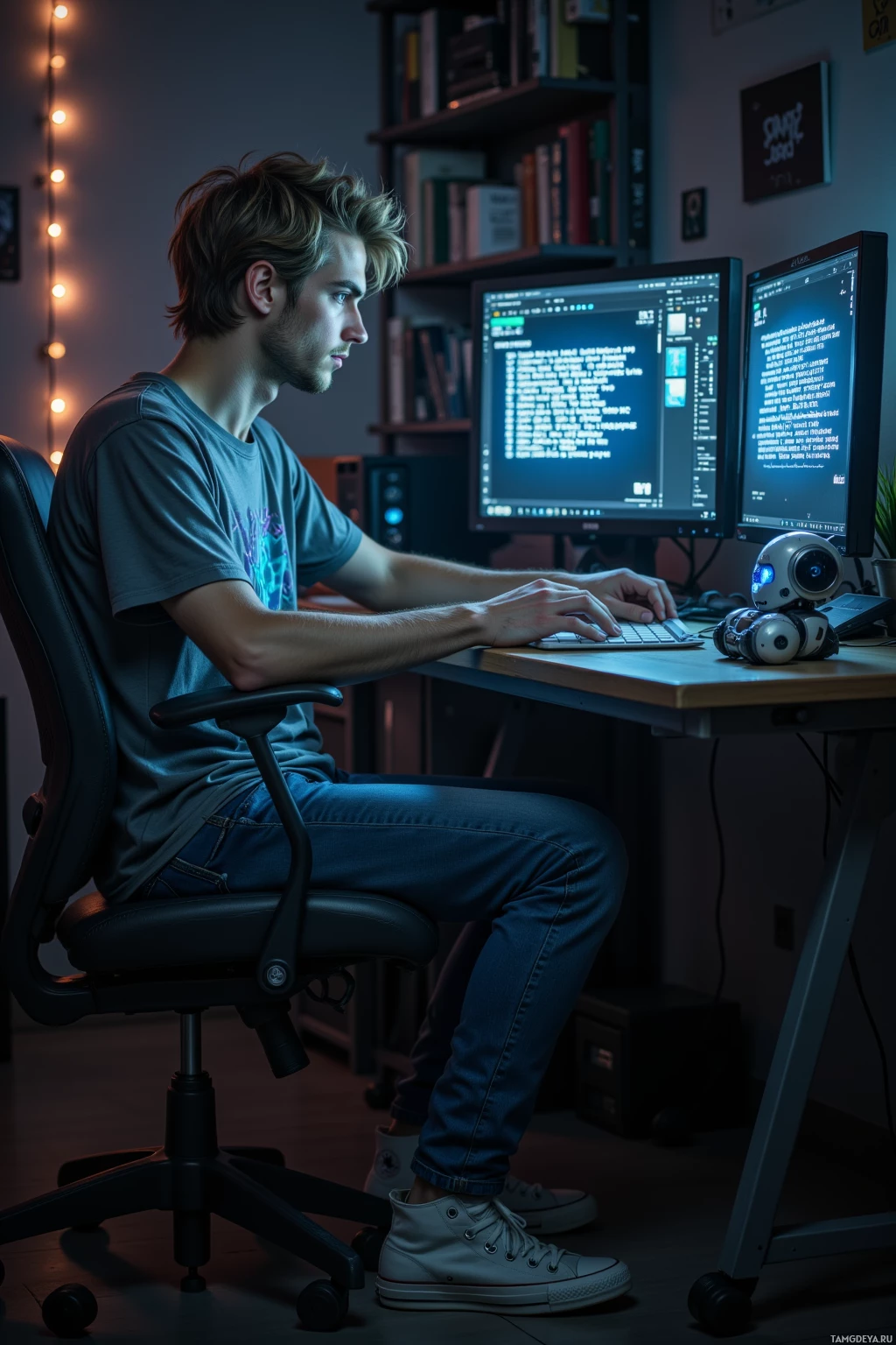 A person is sitting at a desk working on a computer in a dimly lit room.