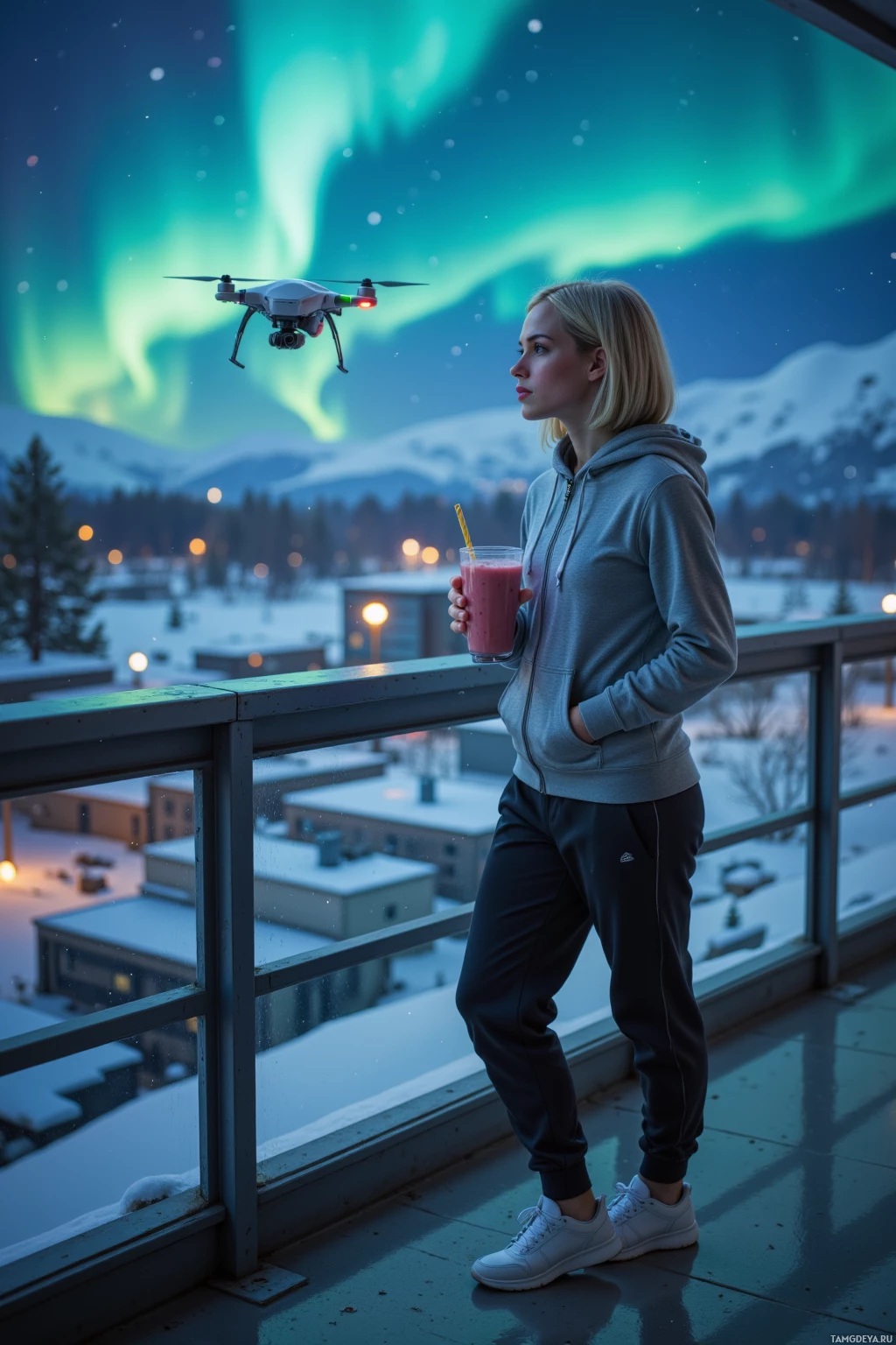 A person stands on a balcony holding a drink, with a drone flying nearby and a snowy landscape and aurora borealis in the background.
