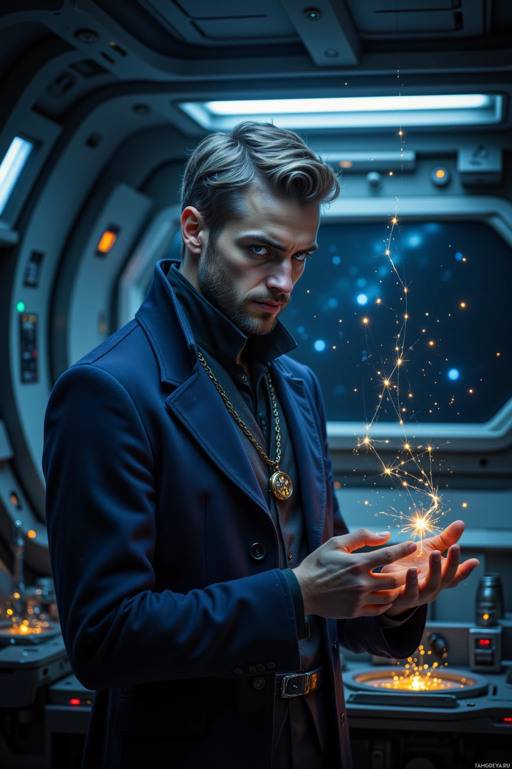 A man in a futuristic setting holds a glowing object, surrounded by sparks.