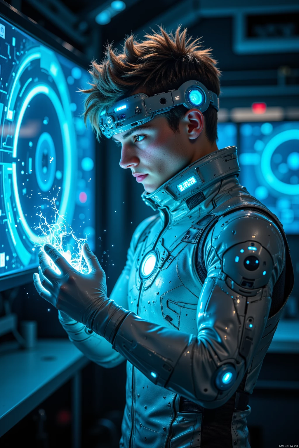 A futuristic individual in a high-tech suit interacts with glowing elements in a sci-fi setting.