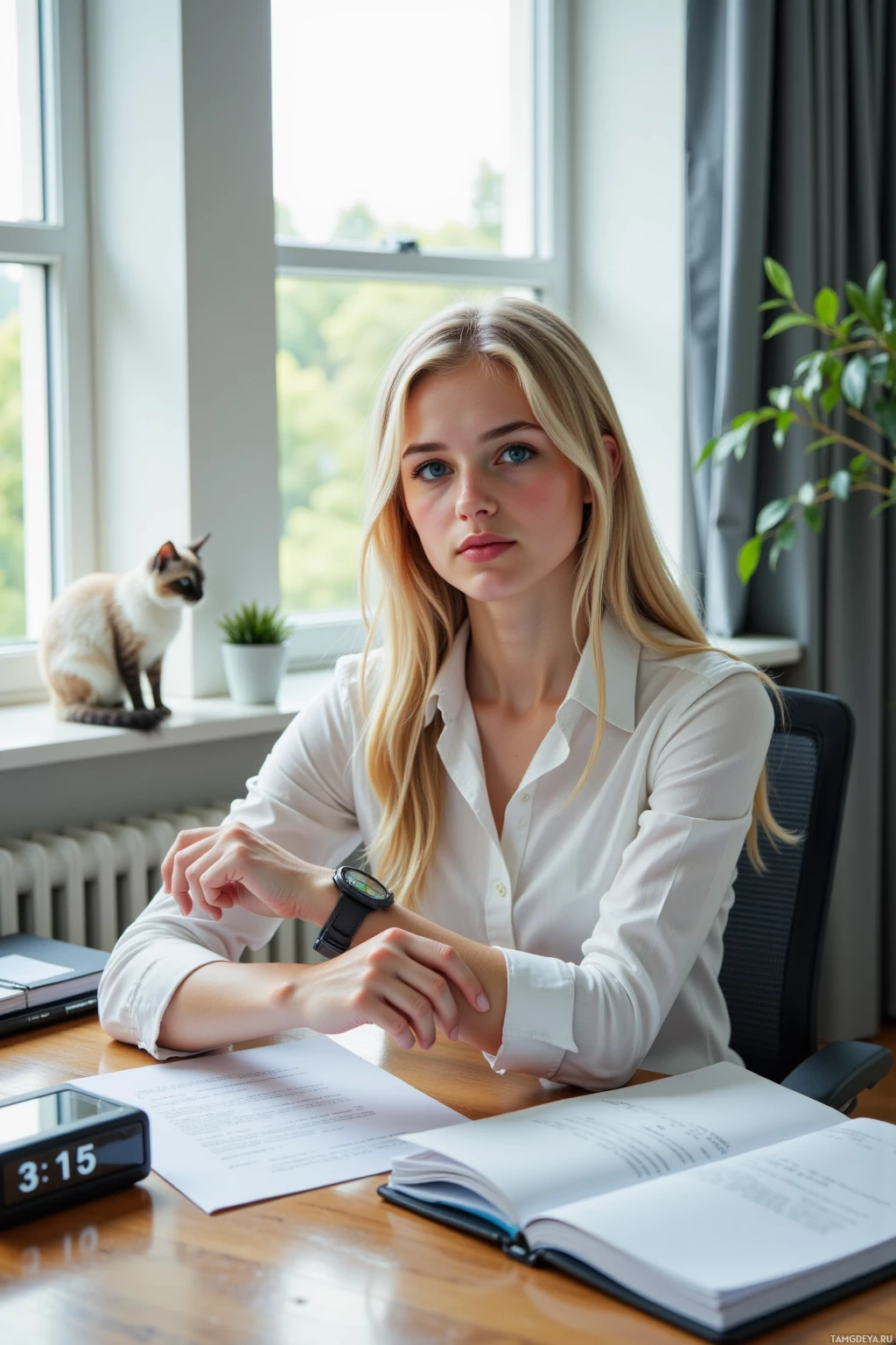 A woman in a white shirt sits at a desk with a cat on the windowsill, looking at her wristwatch.