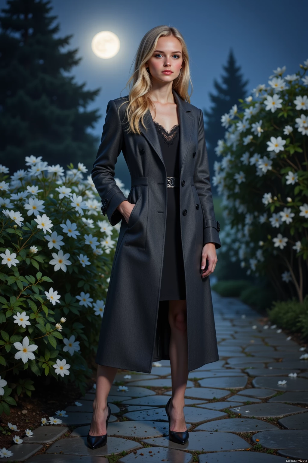 A woman stands on a stone path surrounded by white flowers under a full moon.