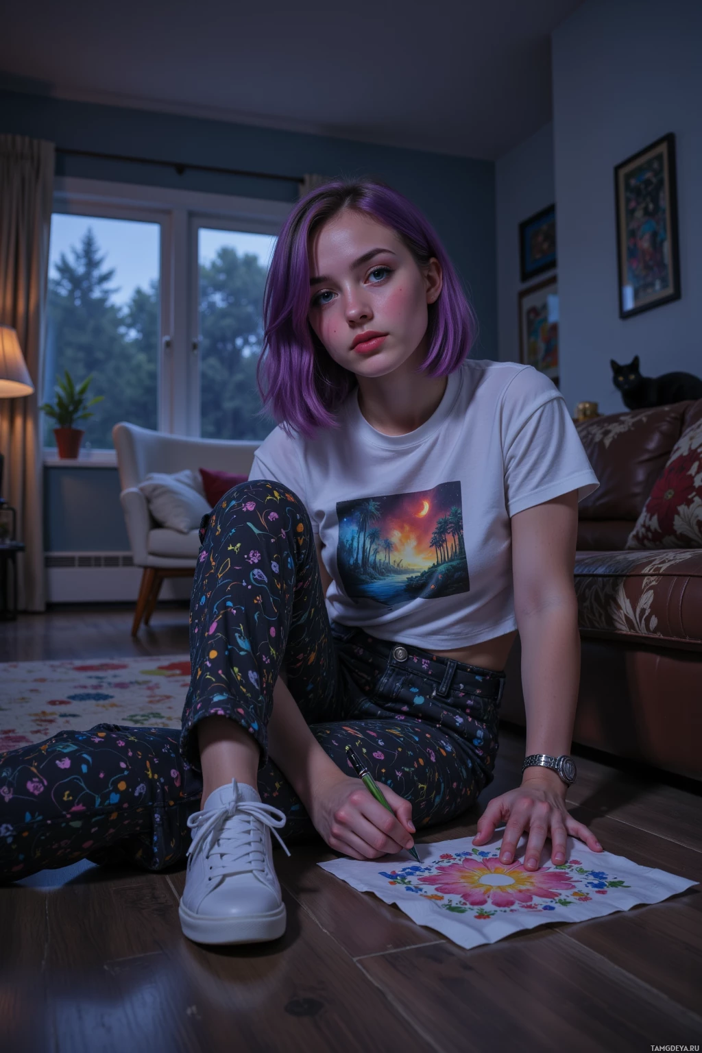 A person with purple hair sits on the floor, drawing a colorful flower on paper.