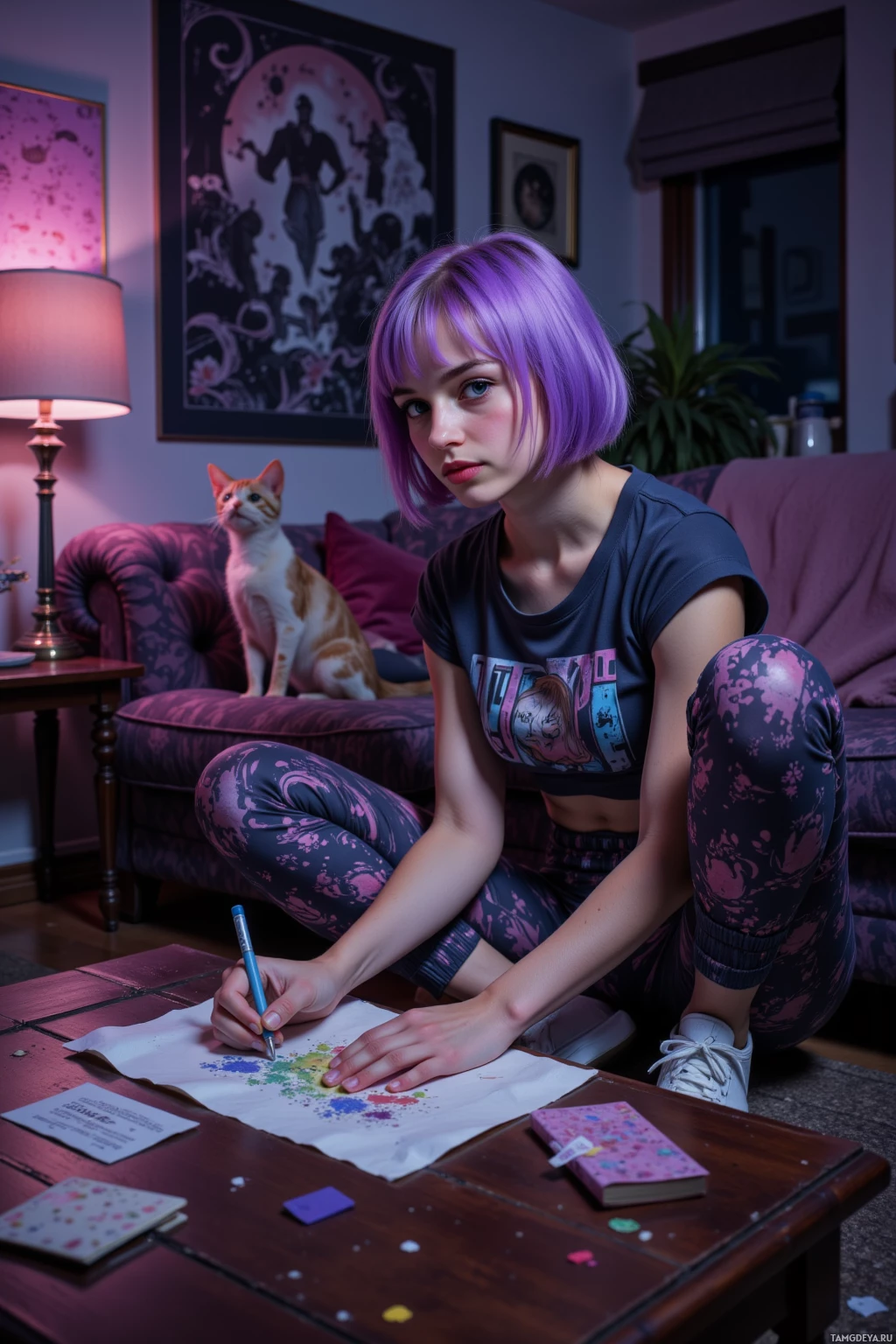 A person with purple hair sits on a couch, drawing on a piece of paper with a marker.
